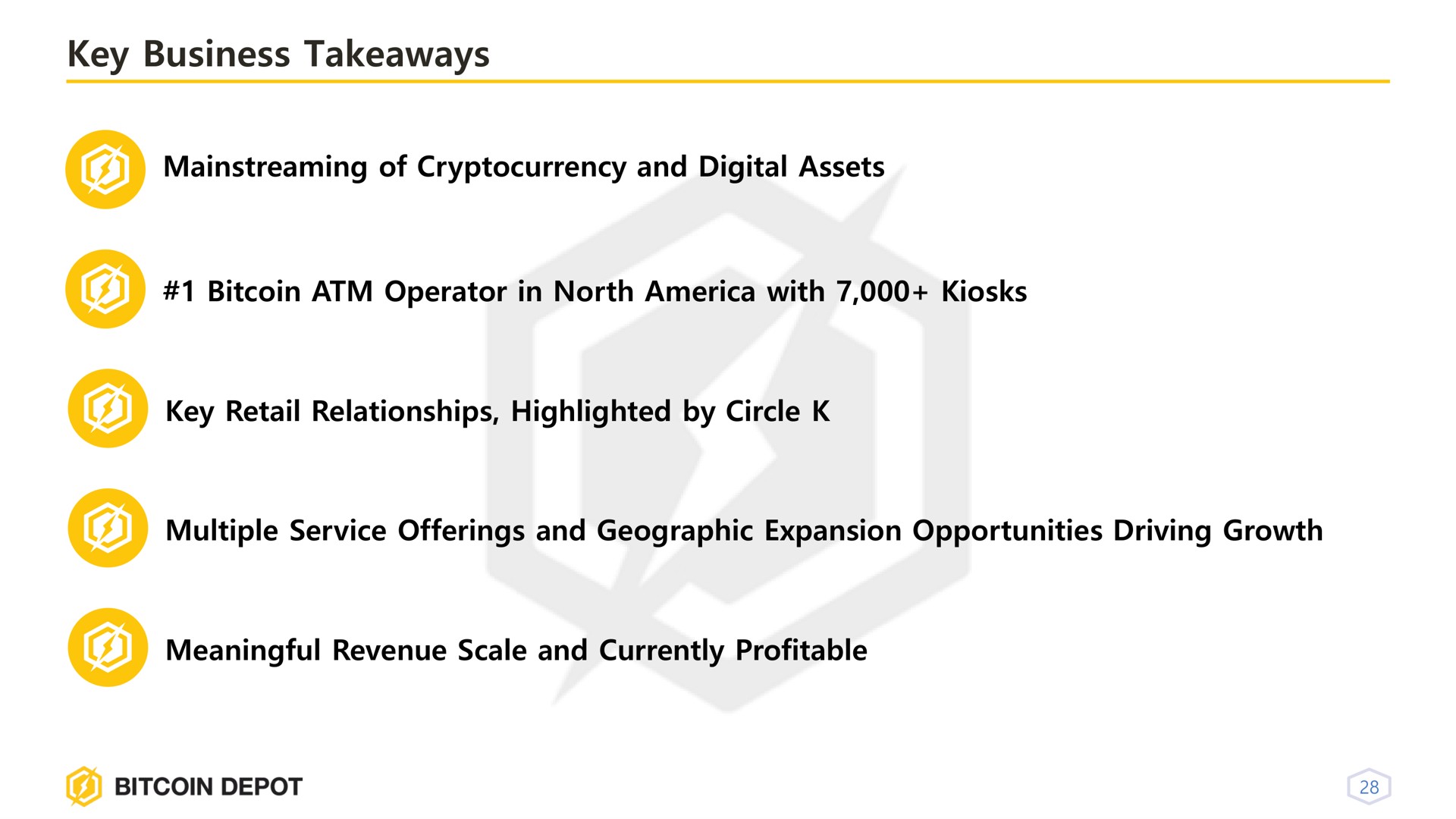 key business of and digital assets operator in north with kiosks key retail relationships highlighted by circle multiple service offerings and geographic expansion opportunities driving growth meaningful revenue scale and currently profitable | Bitcoin Depot