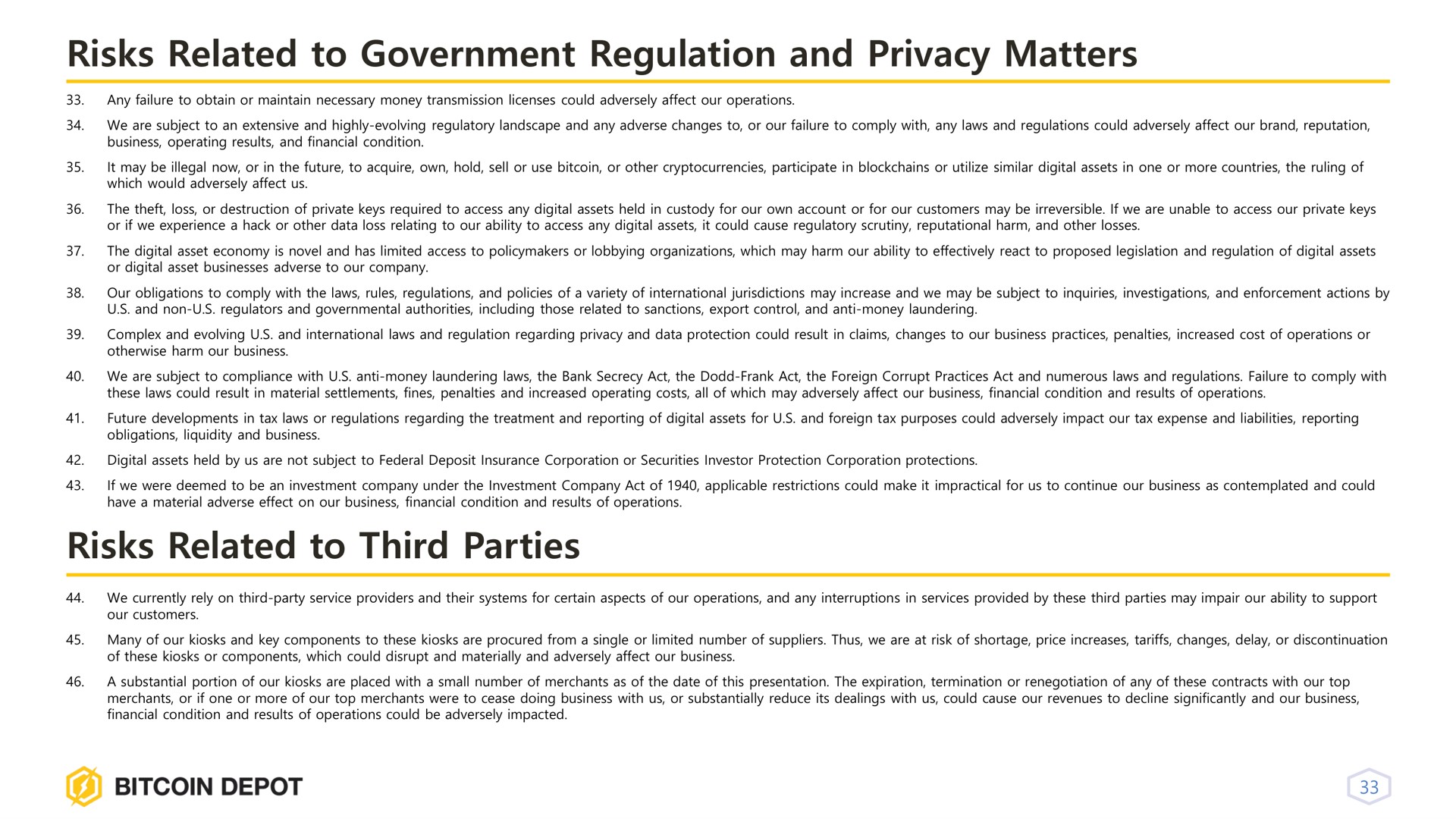 risks related to government regulation and privacy matters risks related to third parties | Bitcoin Depot
