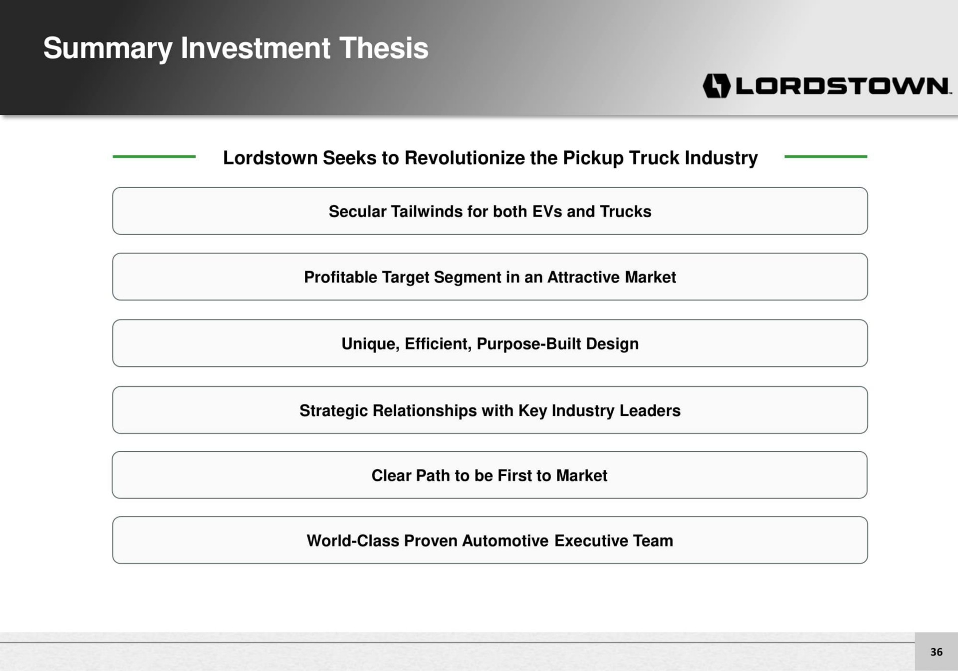 summary investment thesis | Lordstown Motors
