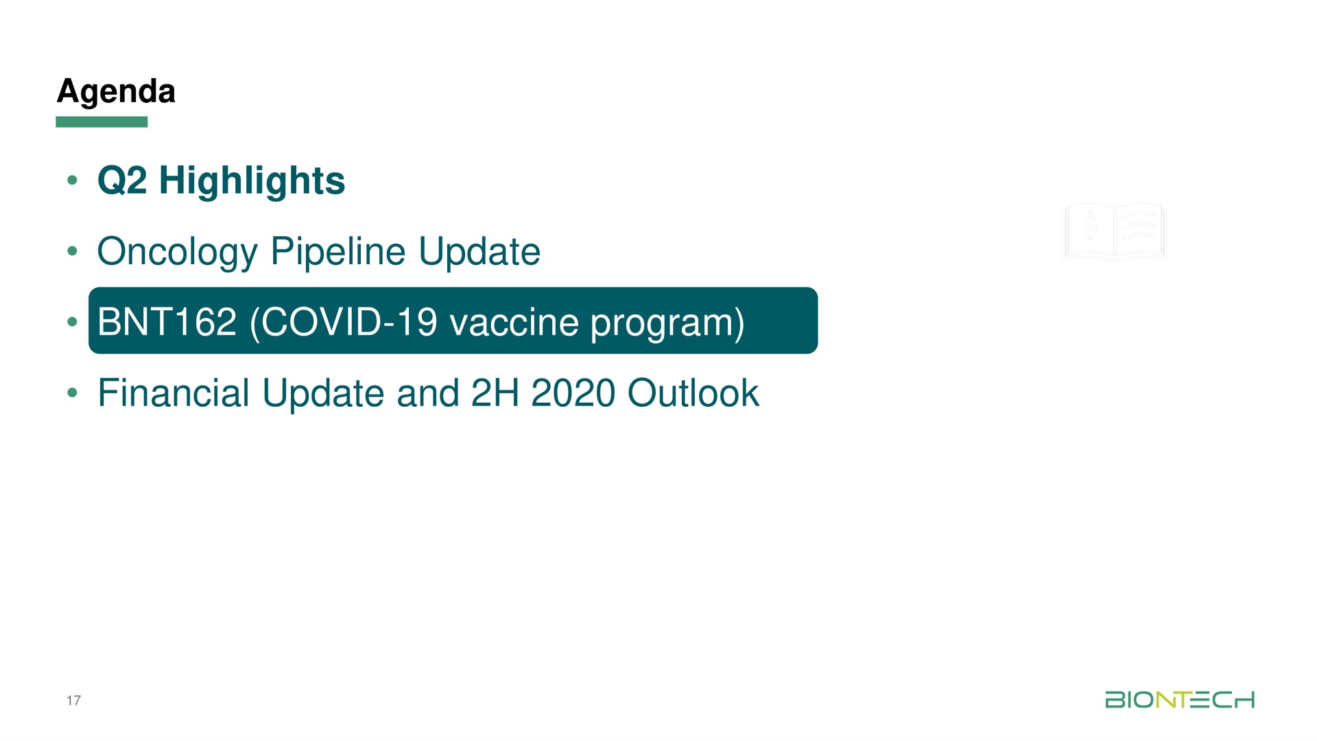 agenda highlights oncology pipeline update covid vaccine program financial update and outlook | BioNTech