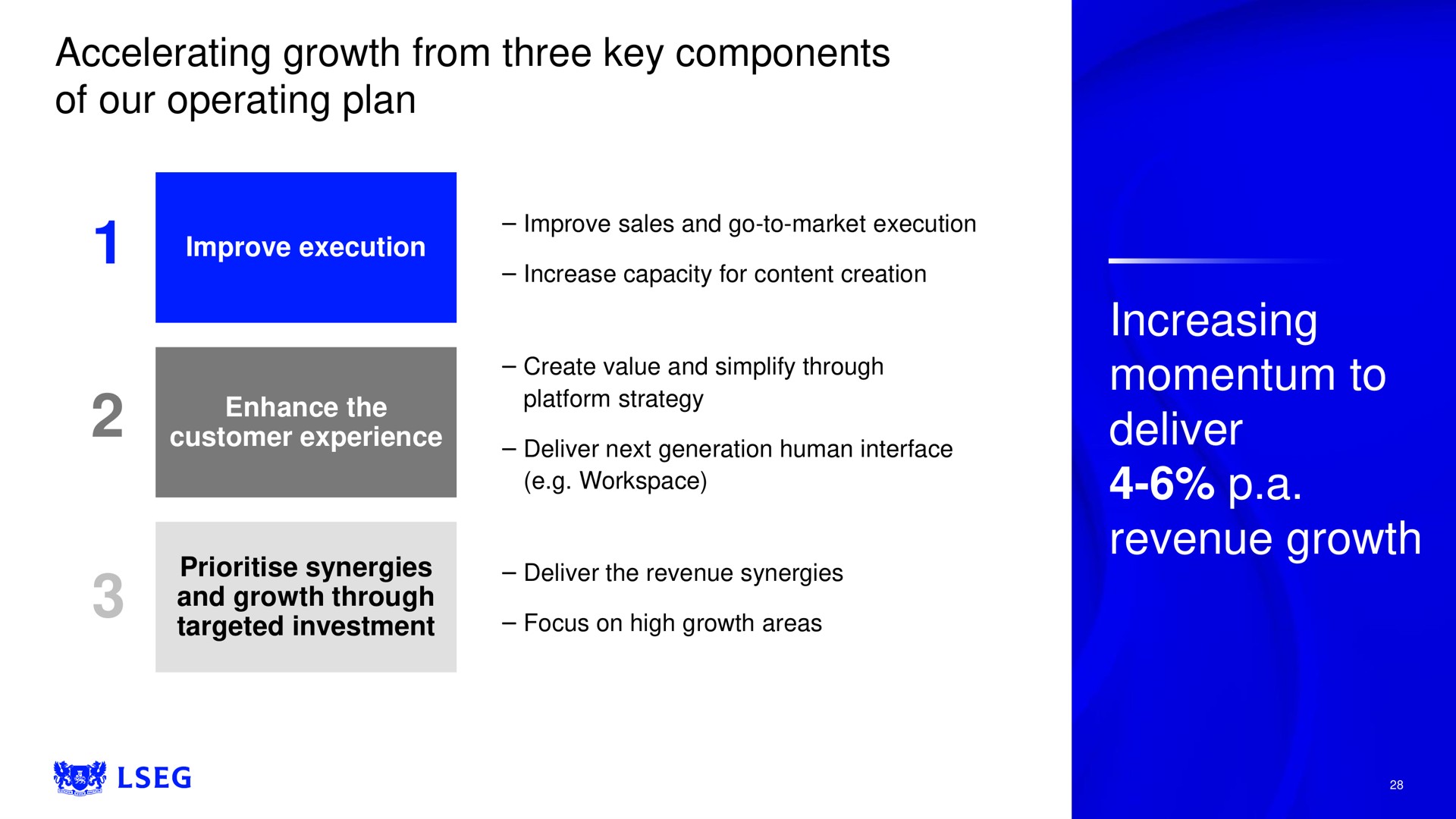 accelerating growth from three key components of our operating plan increasing momentum to deliver a revenue growth | LSE