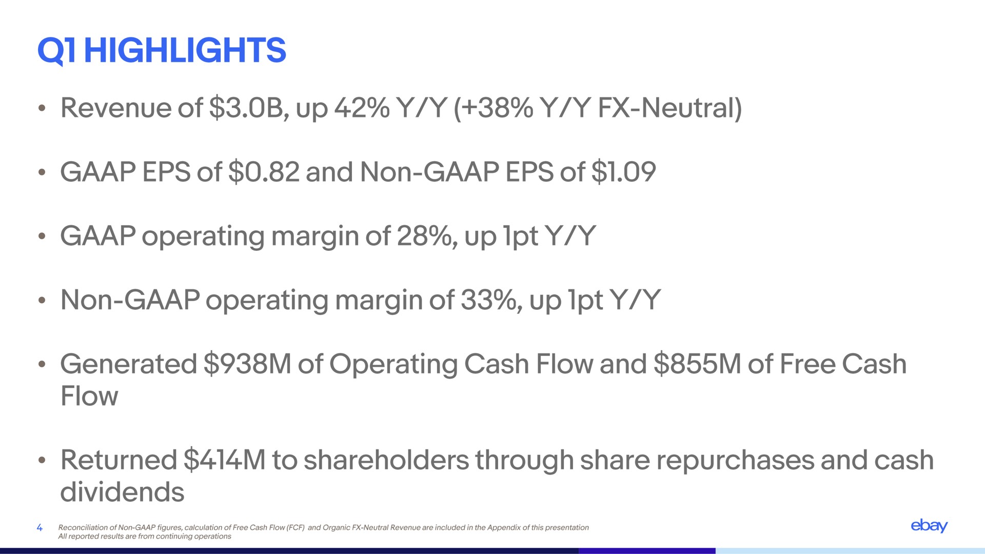 highlights revenue of up neutral of and non of operating margin of up non operating margin of up generated of operating cash flow and of free cash flow returned to shareholders through share repurchases and cash dividends | eBay