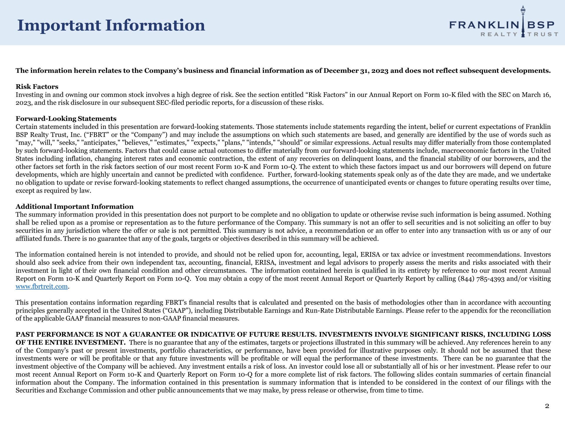 important information franklin | Franklin BSP Realty Trust