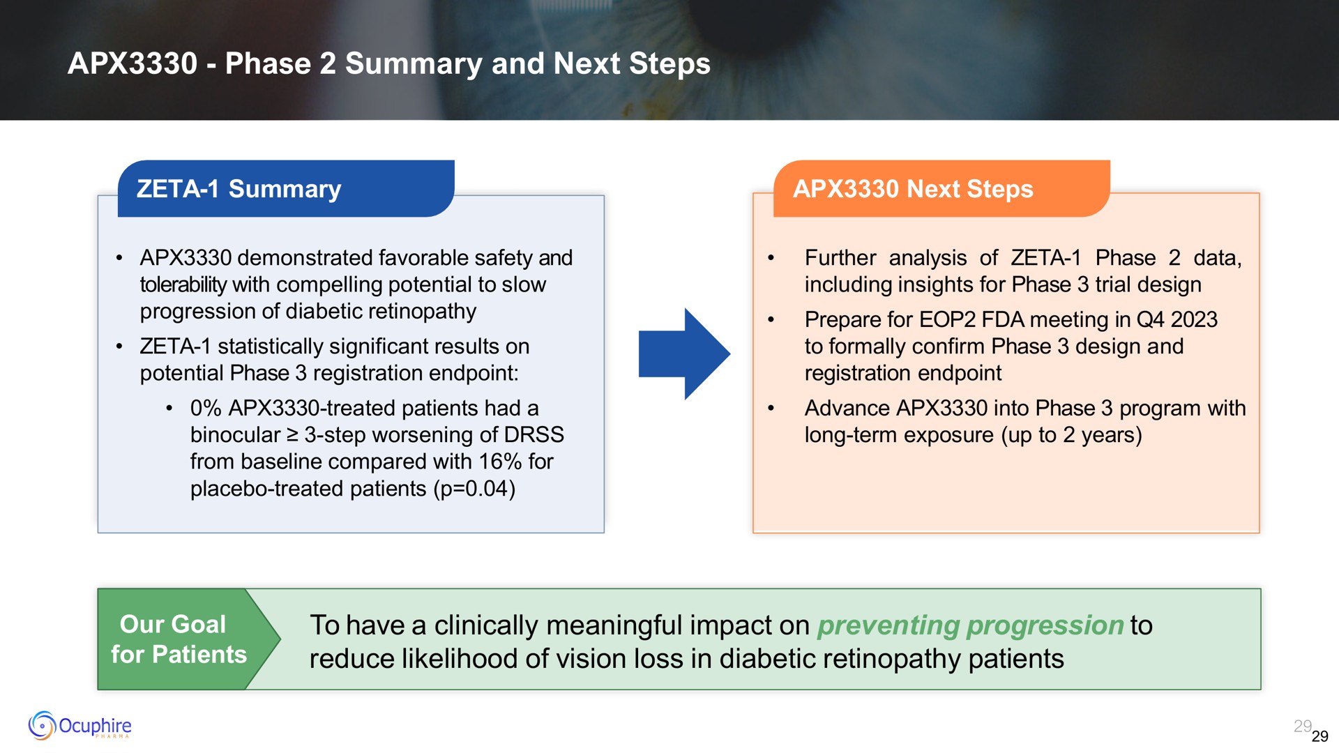 phase summary and next steps to have a clinically meaningful impact on preventing progression to reduce likelihood of vision loss in diabetic patients our goal me | Ocuphire Pharma