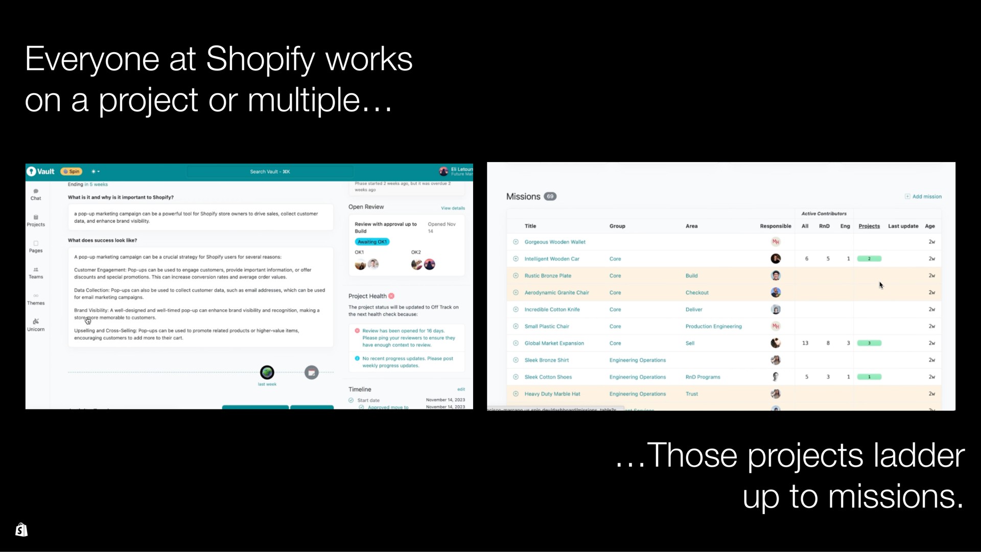 everyone at works on a project or multiple those projects ladder up to missions nose | Shopify