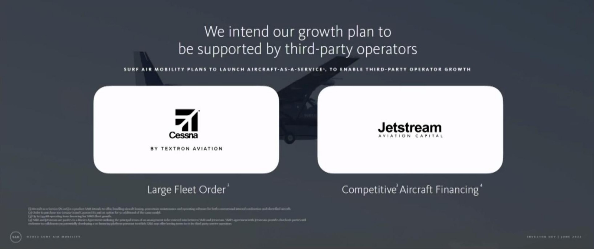 we intend our growth plan to be supported by third party operators surf air mobility plans to launch aircraft as a service to enable third party operator growth by aviation large fleet order competitive aircraft financing | Surf Air