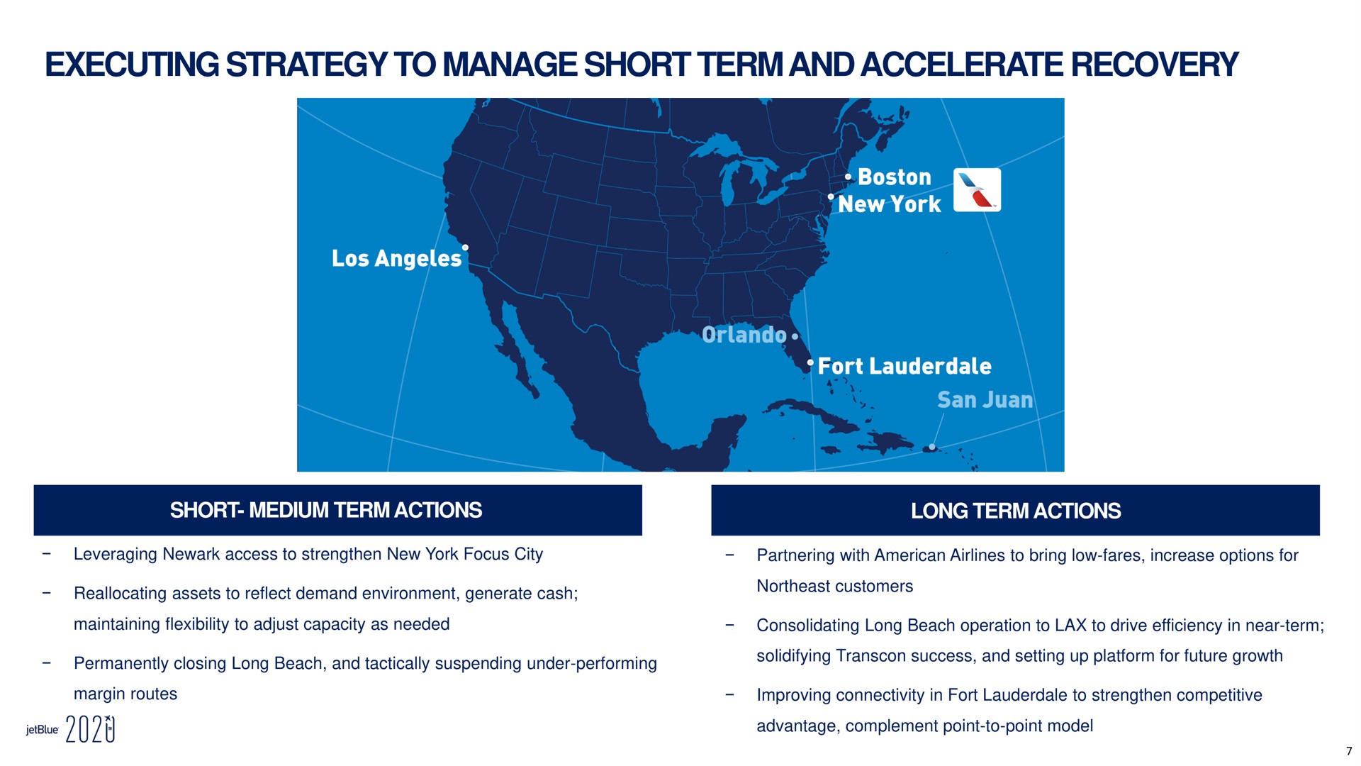 executing strategy to manage short term and accelerate recovery short medium term actions long term actions ace tye an fort san reallocating assets reflect demand environment generate cash northeast customers permanently closing beach tactically suspending under performing solidifying success setting up platform for future growth | jetBlue