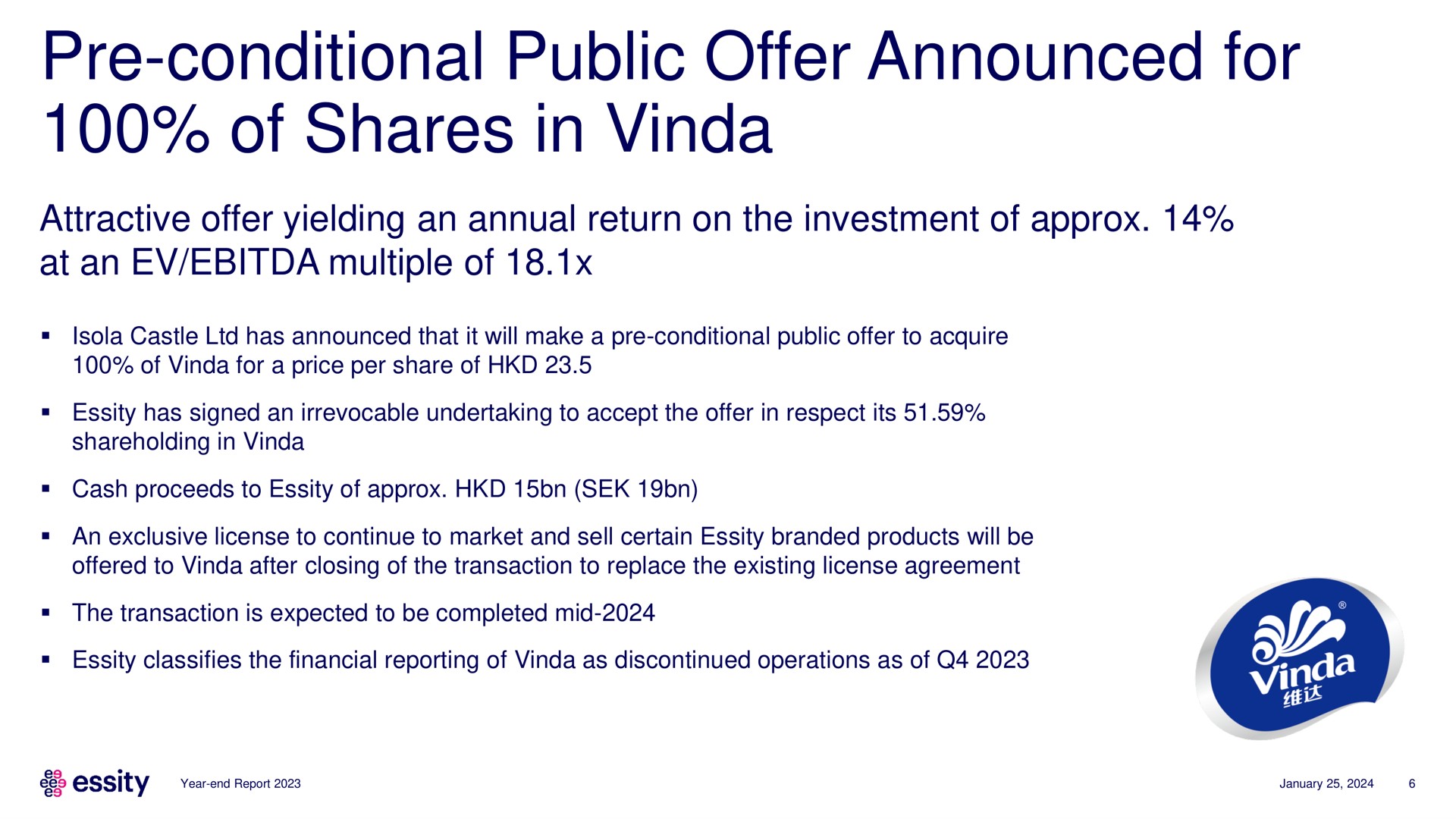 conditional public offer announced for of shares in | Essity