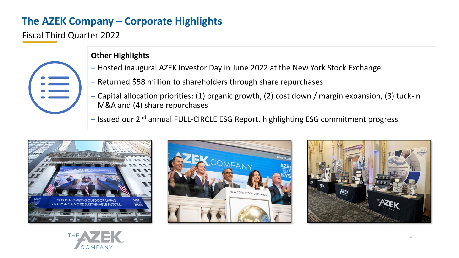 the company corporate highlights fiscal third quarter other highlights hosted inaugural investor day in june at the new york stock exchange returned million to shareholders through share repurchases capital allocation priorities organic growth cost down margin expansion tuck in a and share repurchases issued our annual full circle report highlighting commitment progress | Azek