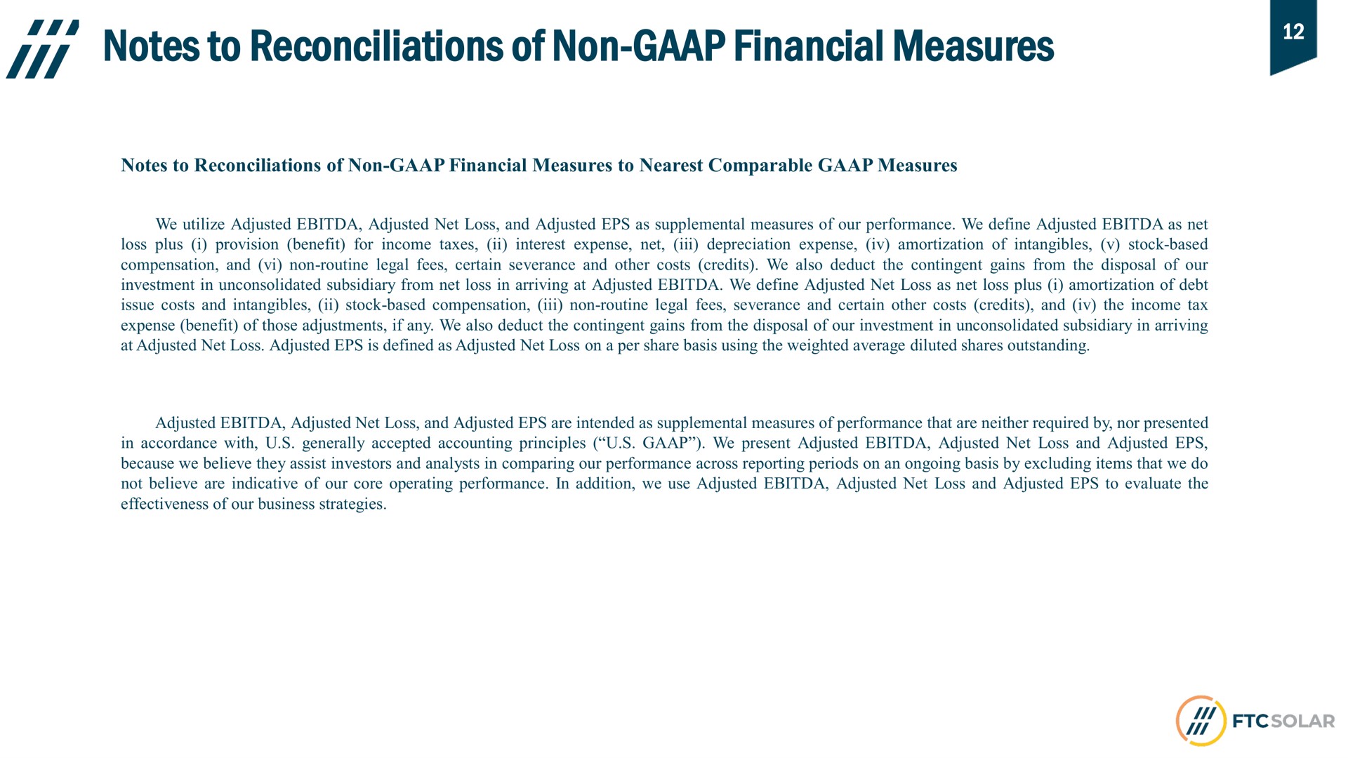 notes to reconciliations of non financial measures | FTC Solar