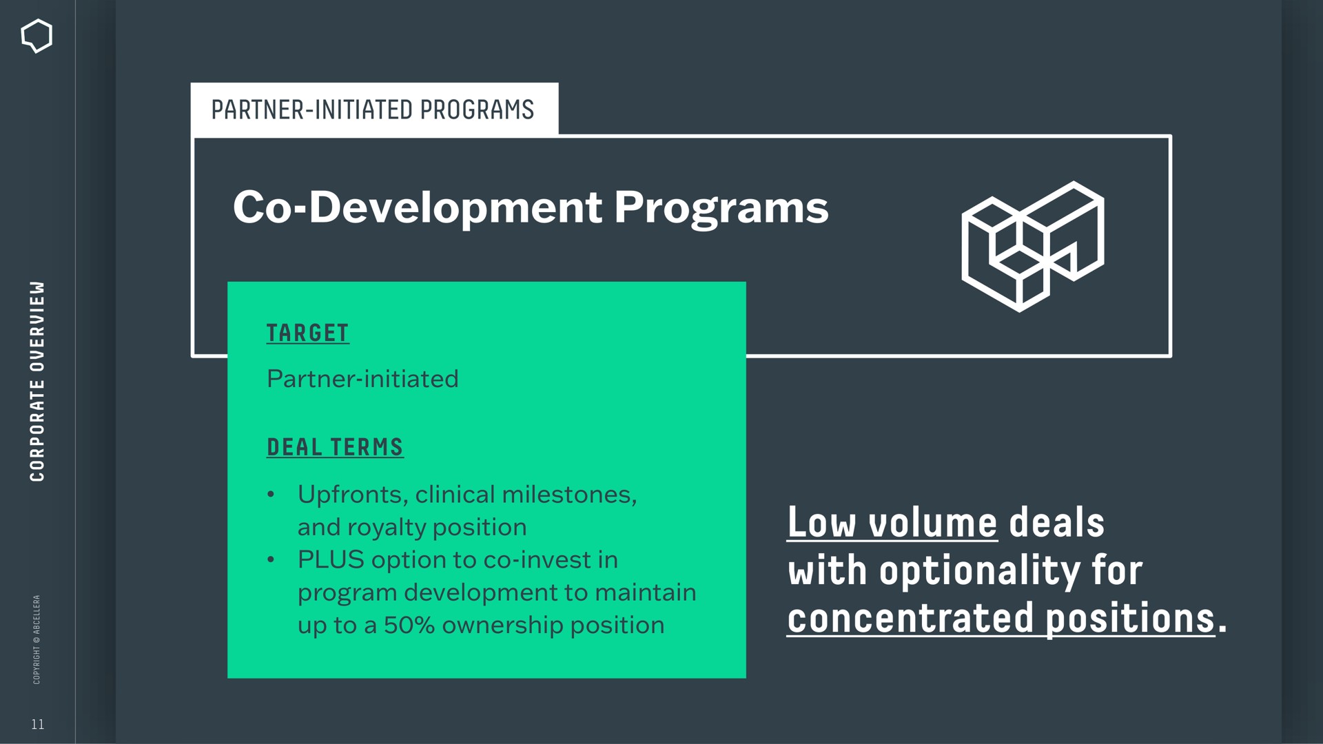 development programs low volume deals with optionality for concentrated positions | AbCellera