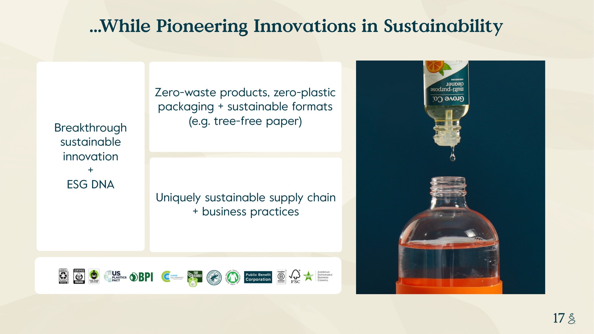 while pioneering innovations in breakthrough sustainable innovation zero waste products zero plastic packaging sustainable formats tree free paper uniquely sustainable supply chain business practices of so certified | Grove
