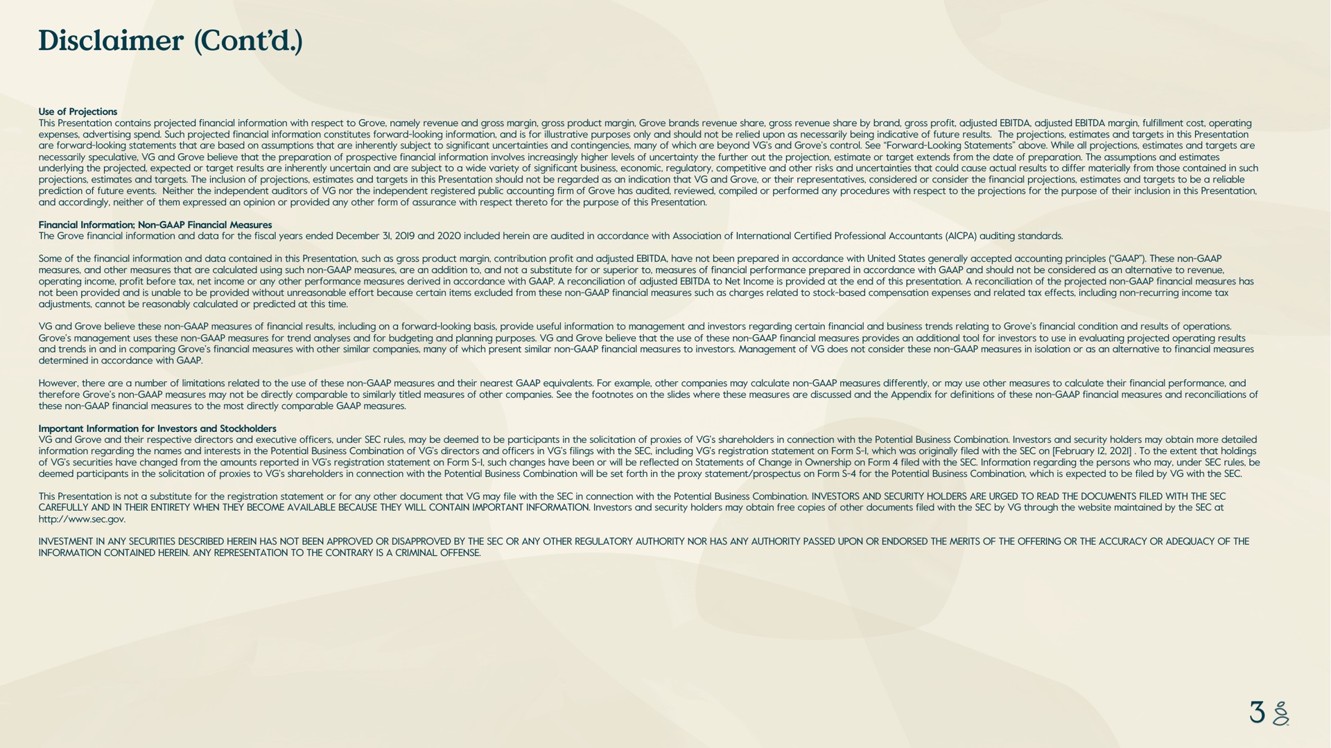 disclaimer use of projections this presentation contains projected financial information with respect to grove namely revenue and gross margin gross product margin grove brands revenue share gross revenue share by brand gross profit adjusted adjusted margin fulfillment cost operating expenses advertising spend such projected financial information constitutes forward looking information and is for illustrative purposes only and should not be relied upon as necessarily being indicative of future results the projections estimates and targets in this presentation are forward looking statements that are based on assumptions that are inherently subject to significant uncertainties and contingencies many of which are beyond and grove control see forward looking statements above while all projections estimates and targets are necessarily speculative and grove believe that the preparation of prospective financial information involves increasingly higher levels of uncertainty the further out the projection estimate or target extends from the date of preparation the assumptions and estimates underlying the projected expected or target results are inherently uncertain and are subject to a wide variety of significant business economic regulatory competitive and other risks and uncertainties that could cause actual results to differ materially from those contained in such projections estimates and targets the inclusion of projections estimates and targets in this presentation should not be regarded as an indication that and grove or their representatives considered or consider the financial projections estimates and targets to be a reliable prediction of future events neither the independent auditors of nor the independent registered public accounting firm of grove has audited reviewed compiled or performed any procedures with respect to the projections for the purpose of their inclusion in this presentation and accordingly neither of them expressed an opinion or provided any other form of assurance with respect thereto for the purpose of this presentation financial information non financial measures the grove financial information and data for the fiscal years ended and included herein are audited in accordance with association of international certified professional accountants auditing standards some of the financial information and data contained in this presentation such as gross product margin contribution profit and adjusted have not been prepared in accordance with united states generally accepted accounting principles these non measures and other measures that are calculated using such non measures are an addition to and not a substitute for or superior to measures of financial performance prepared in accordance with and should not be considered as an alternative to revenue operating income profit before tax net income or any other performance measures derived in accordance with a reconciliation of adjusted to net income is provided at the end of this presentation a reconciliation of the projected non financial measures has not been provided and is unable to be provided without unreasonable effort because certain items excluded from these non financial measures such as charges related to stock based compensation expenses and related tax effects including non recurring income tax adjustments cannot be reasonably calculated or predicted at this time and grove believe these non measures of financial results including on a forward looking basis provide useful information to management and investors regarding certain financial and business trends relating to grove financial condition and results of operations grove management uses these non measures for trend analyses and for budgeting and planning purposes and grove believe that the use of these non financial measures provides an additional tool for investors to use in evaluating projected operating results and trends in and in comparing grove financial measures with other similar companies many of which present similar non financial measures to investors management of does not consider these non measures in isolation or as an alternative to financial measures determined in accordance with however there are a number of limitations related to the use of these non measures and their nearest equivalents for example other companies may calculate non measures differently or may use other measures to calculate their financial performance and therefore grove non measures may not be directly comparable to similarly titled measures of other companies see the footnotes on the slides where these measures are discussed and the appendix for definitions of these non financial measures and reconciliations of these non financial measures to the most directly comparable measures important information for investors and stockholders and grove and their respective directors and executive officers under sec rules may be deemed to be participants in the solicitation of proxies of shareholders in connection with the potential business combination investors and security holders may obtain more detailed information regarding the names and interests in the potential business combination of directors and officers in filings with the sec including registration statement on form i which was originally filed with the sec on i to the extent that holdings of securities have changed from the amounts reported in registration statement on form such changes have been or will be reflected on statements of change in ownership on form filed with the sec information regarding the persons who may under sec rules be deemed participants in the solicitation of proxies to shareholders in connection with the potential business combination will be set forth in the proxy statement prospectus on form for the potential business combination which is expected to be filed by with the sec this presentation is not a substitute for the registration statement or for any other document that may file with the sec in connection with the potential business combination investors and security holders are urged to read the documents filed with the sec carefully and in their entirety when they become available because they will contain important information investors and security holders may obtain free copies of other documents filed with the sec by through the maintained by the sec at investment in any securities described herein has not been approved or disapproved by the sec or any other regulatory authority nor has any authority passed upon or endorsed the merits of the offering or the accuracy or adequacy of the information contained herein any representation to the contrary is a criminal offense | Grove