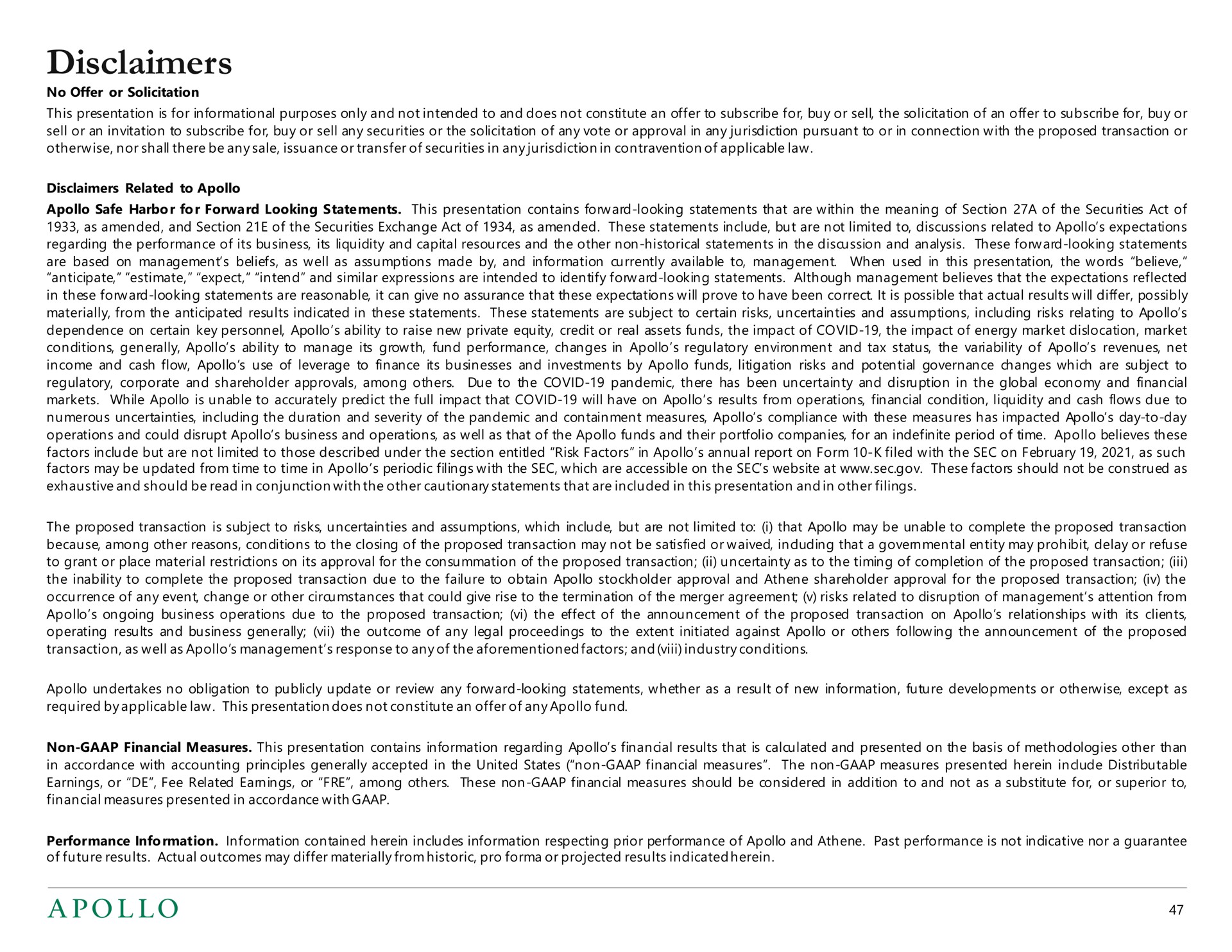disclaimers | Apollo Global Management