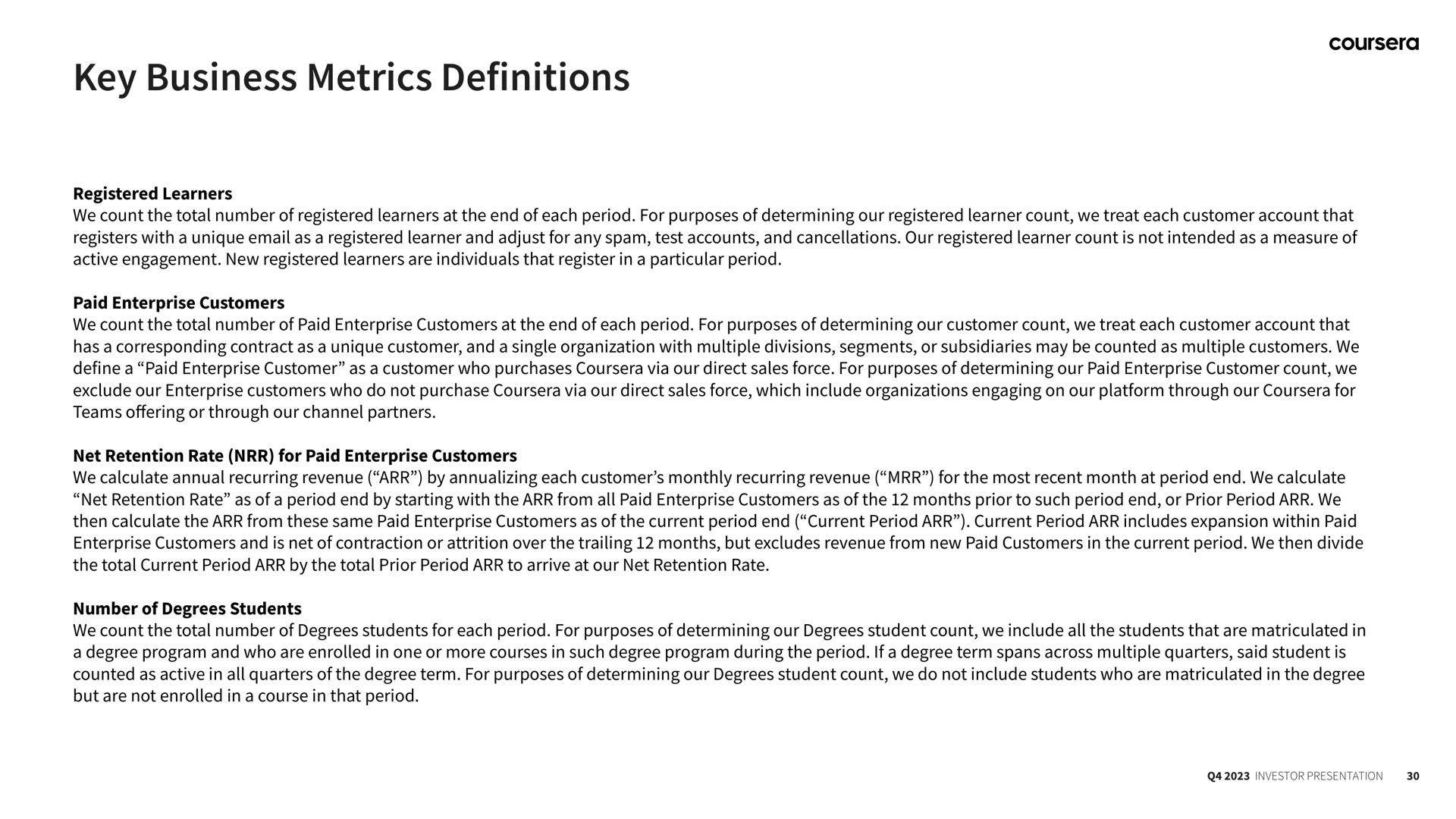 key business metrics definitions | Coursera