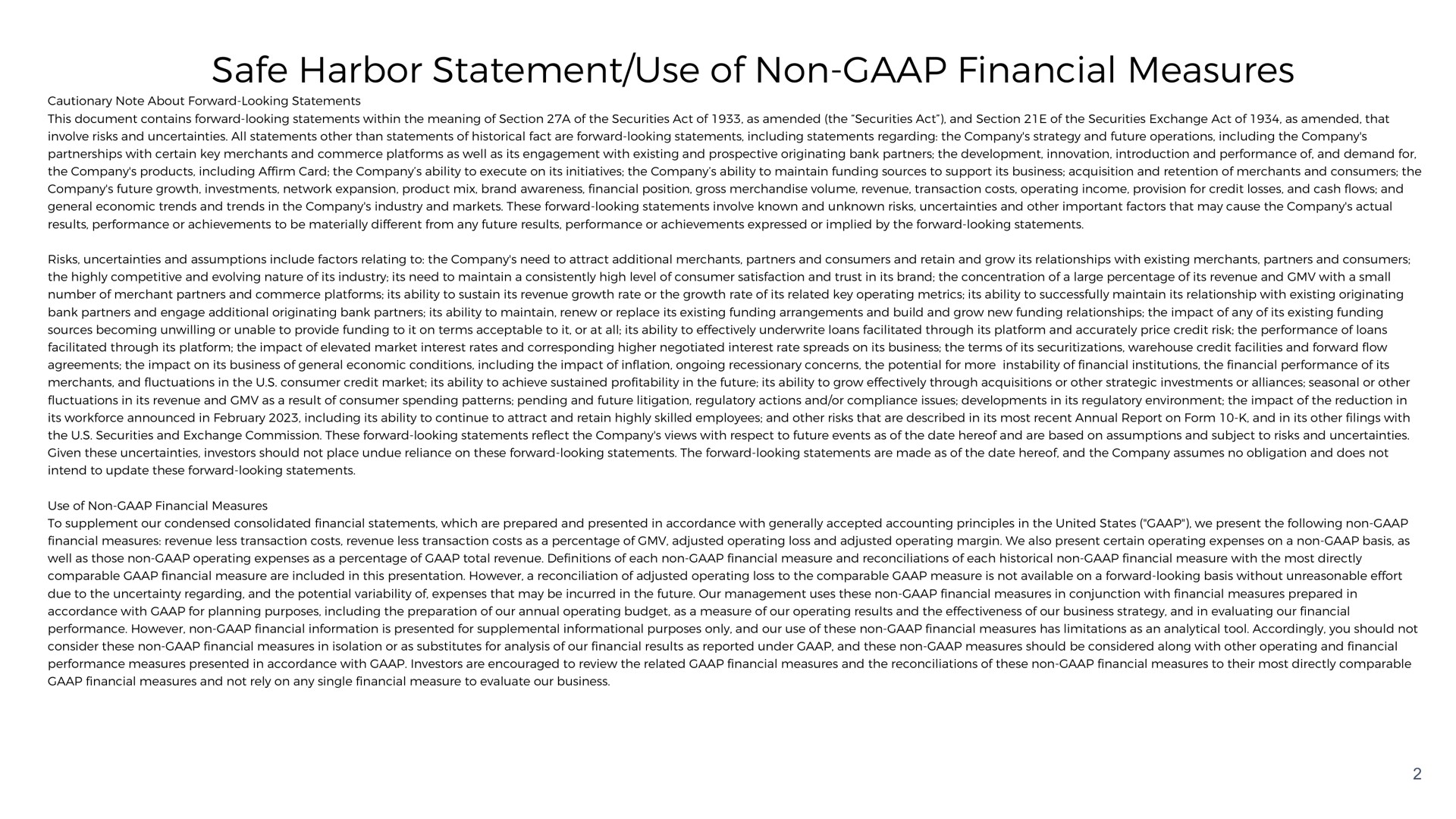 safe harbor statement use of non financial measures | Affirm