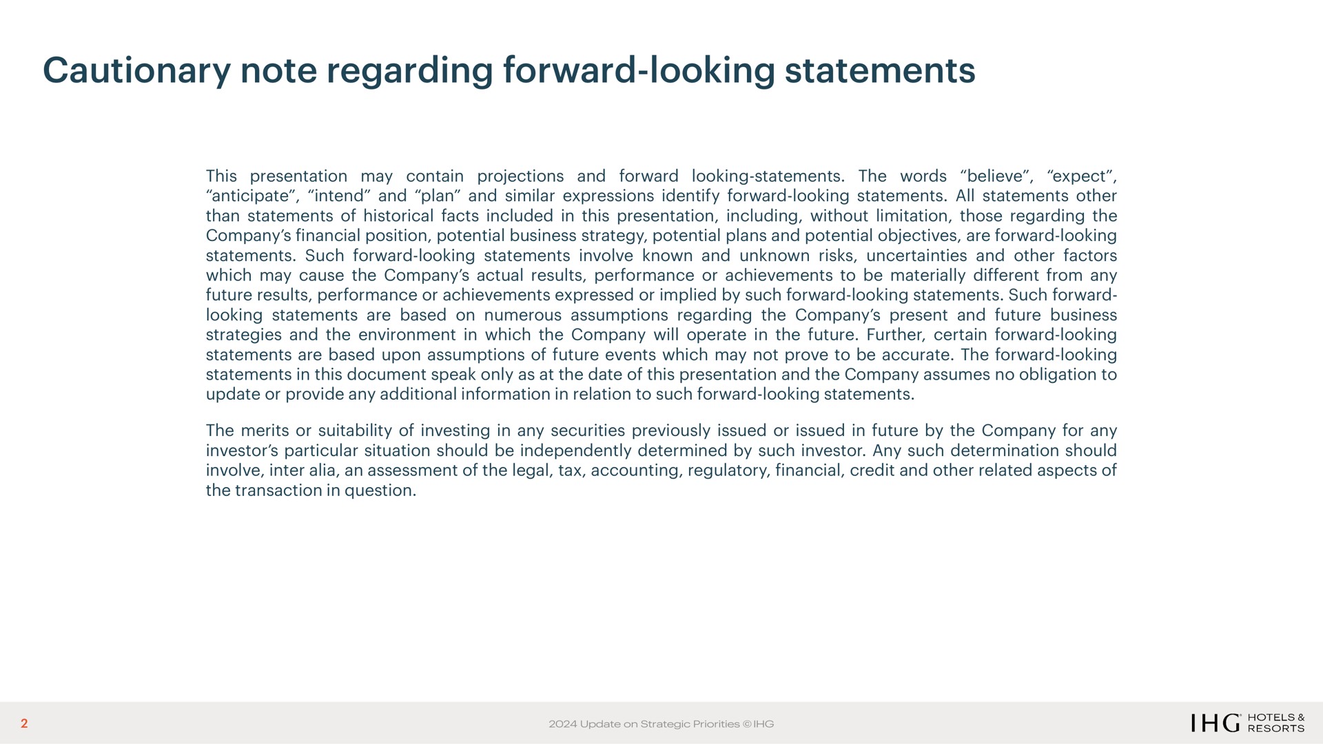 cautionary note regarding forward looking statements | IHG Hotels