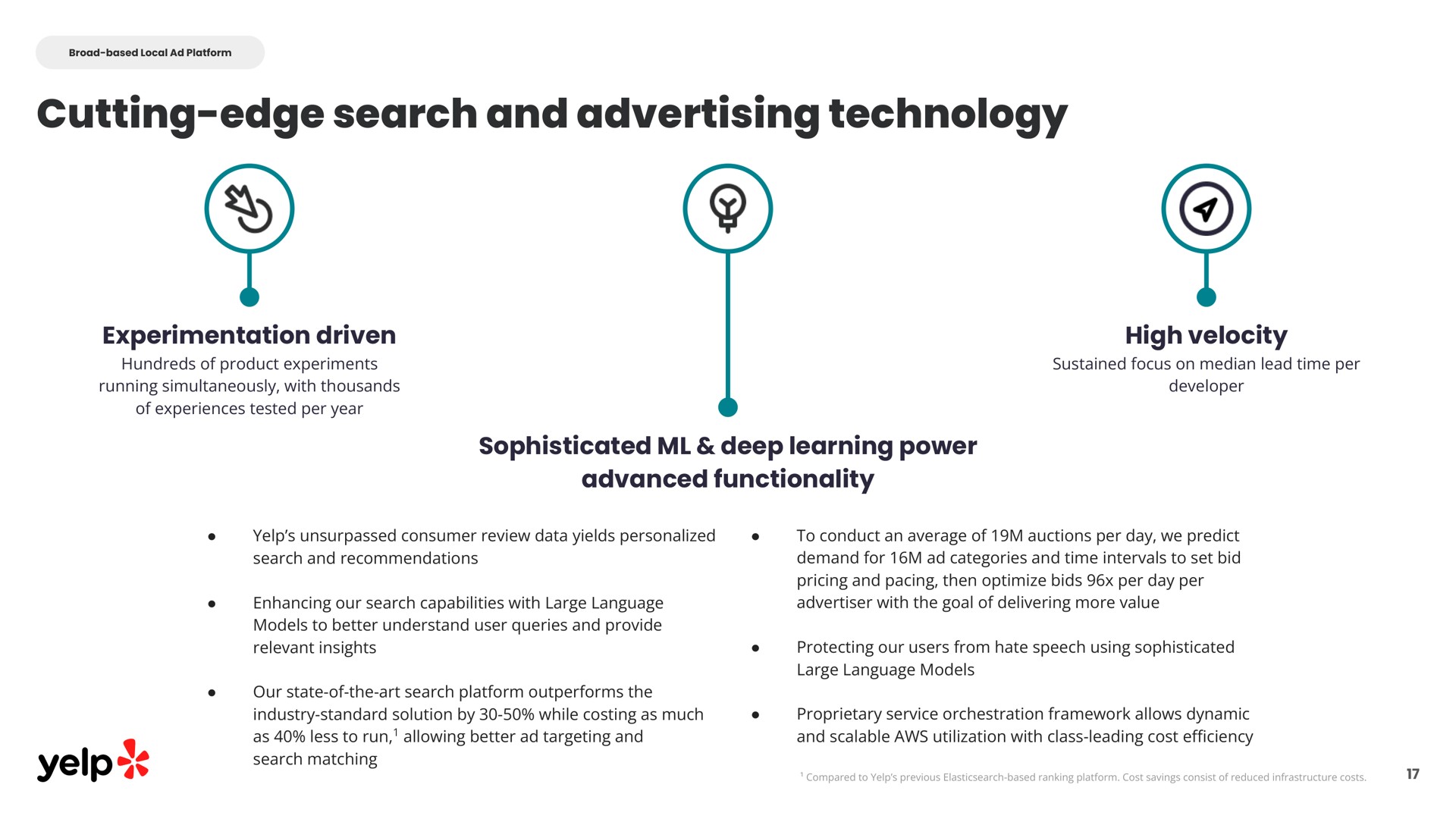 cutting edge search and advertising technology experimentation driven high velocity sophisticated deep learning power advanced functionality | Yelp