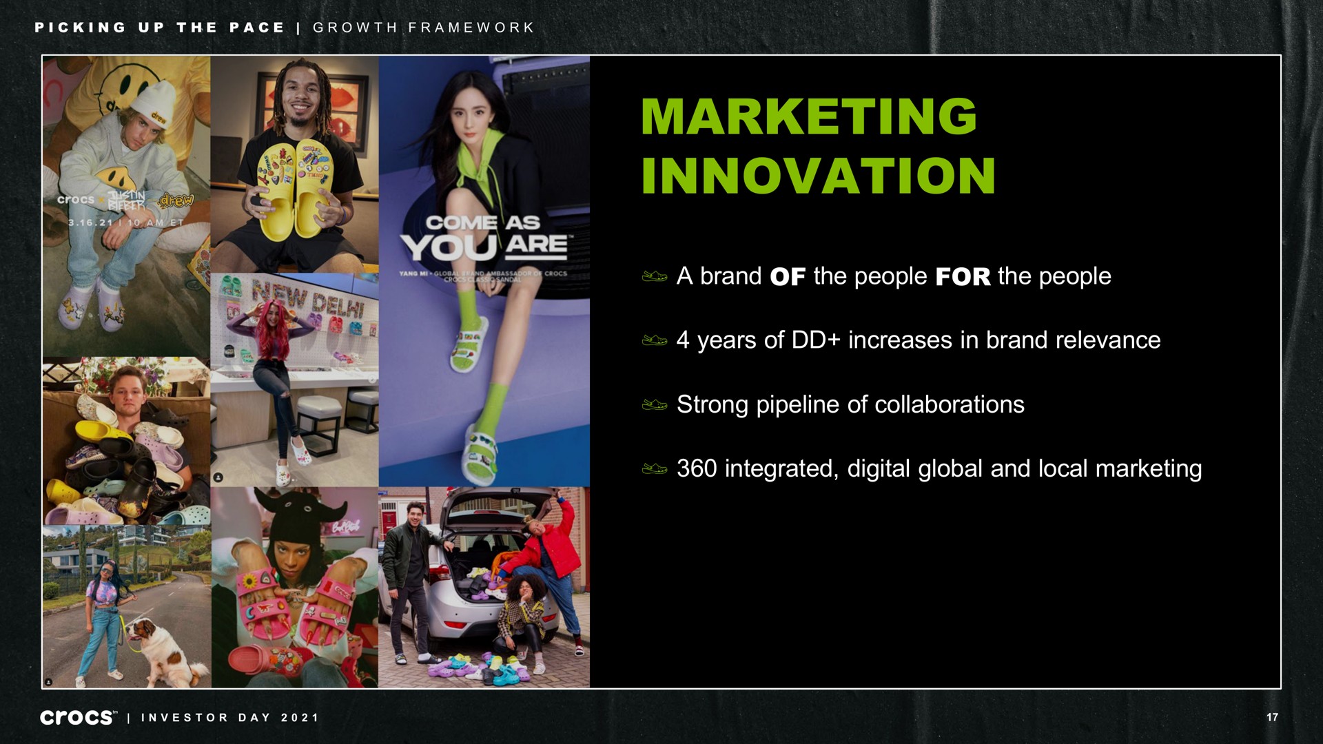marketing innovation a brand of the people for the people years of increases in brand relevance strong pipeline of collaborations integrated digital global and local marketing picking up pace growth framework investor day | Crocs