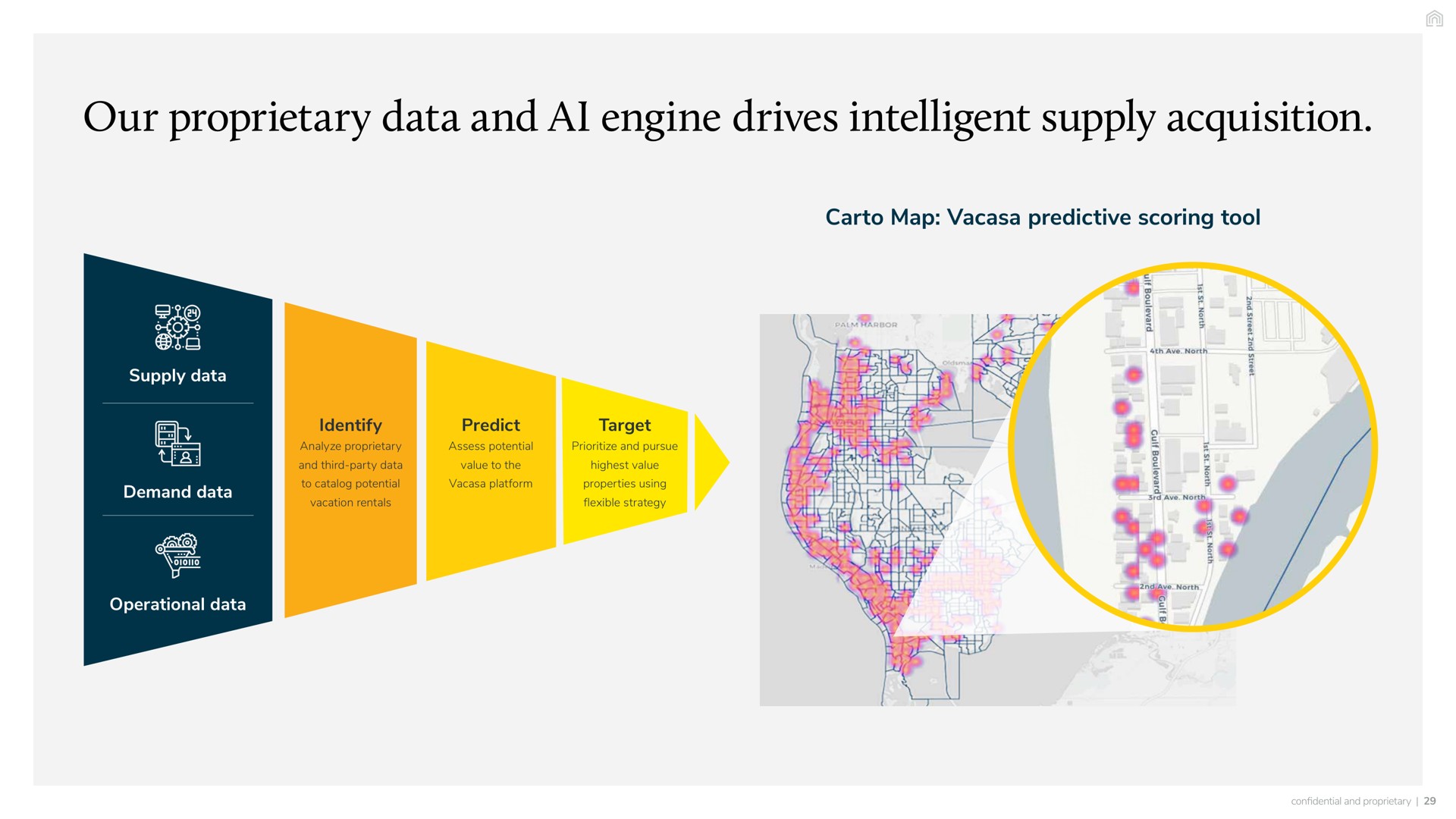 our proprietary data and engine drives intelligent supply acquisition map predictive scoring tool operational target pursue identify analyze predict assess potential demand i nit third party to potential platform properties using flexible strategy vacation rentals highest value value to the a a a a north | Vacasa
