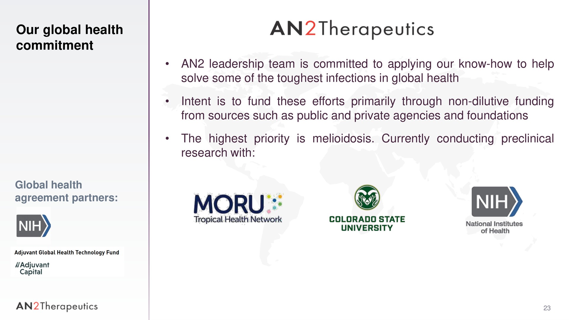 our global health commitment global health agreement partners an leadership team is committed to applying our know how to help solve some of the infections in global health intent is to fund these efforts primarily through non dilutive funding from sources such as public and private agencies and foundations the highest priority is currently conducting preclinical research with an university an therapeutics | AN2 Therapeutics