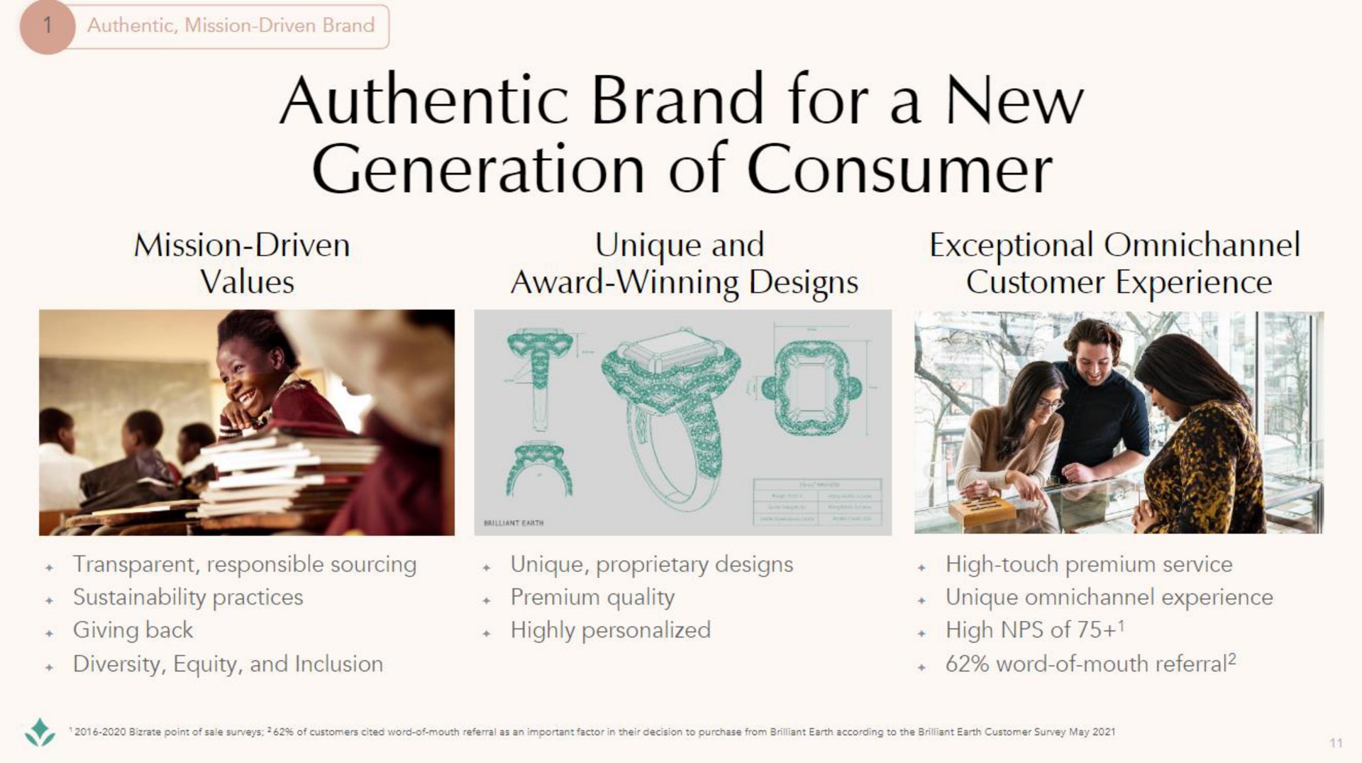 authentic brand for a new generation of consumer unique and award winning designs mission driven values exceptional customer experience | Brilliant Earth