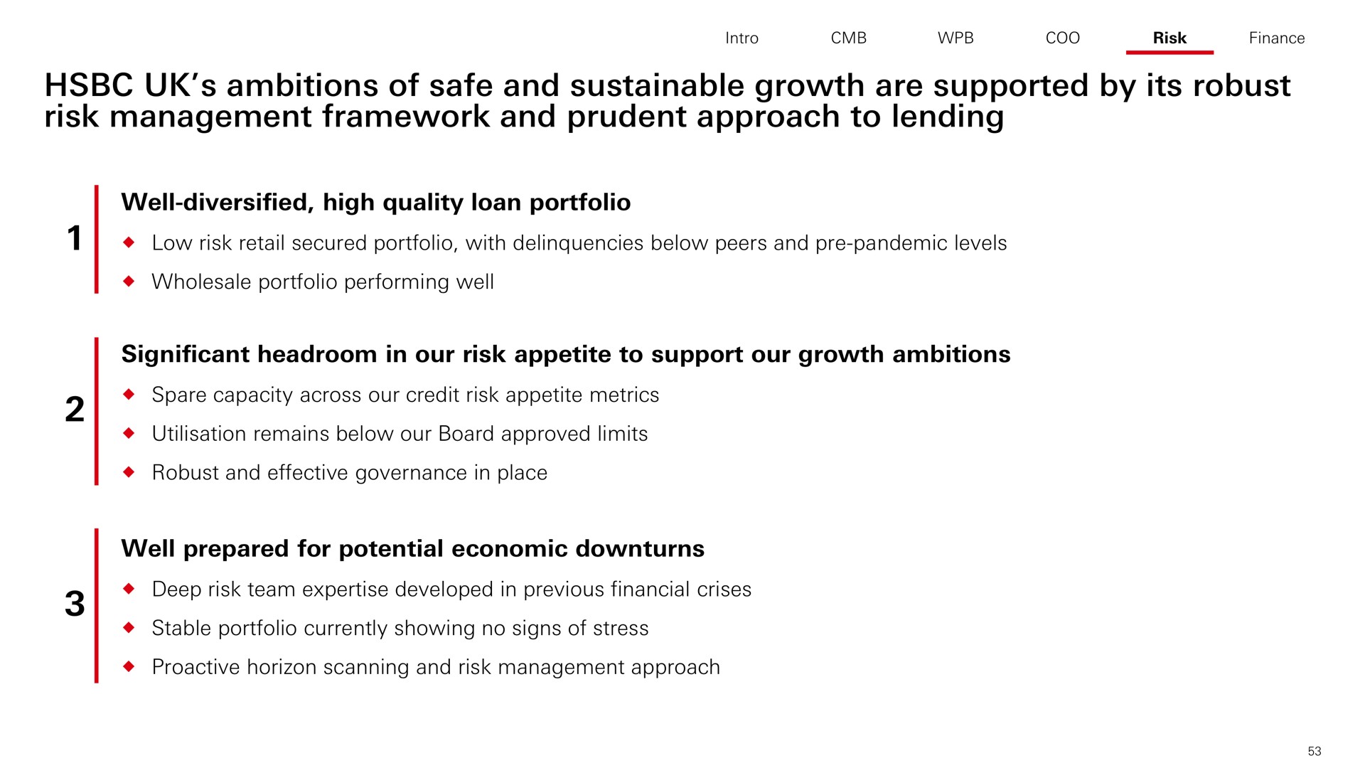 ambitions of safe and sustainable growth are supported by its robust risk management framework and prudent approach to lending | HSBC