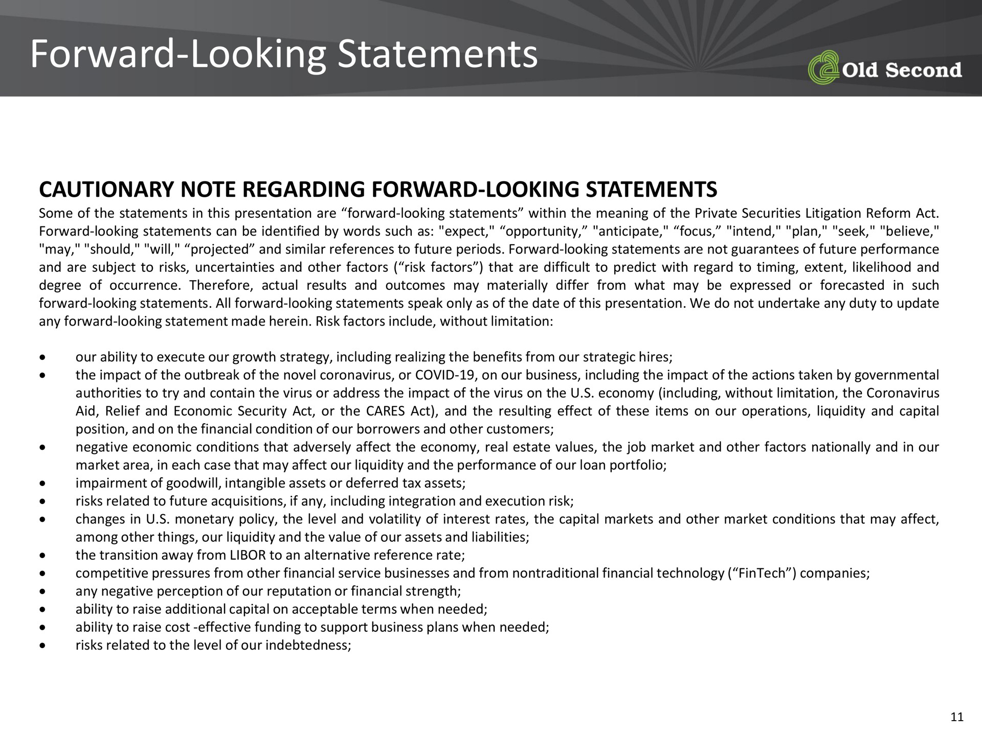 forward looking statements | Old Second Bancorp