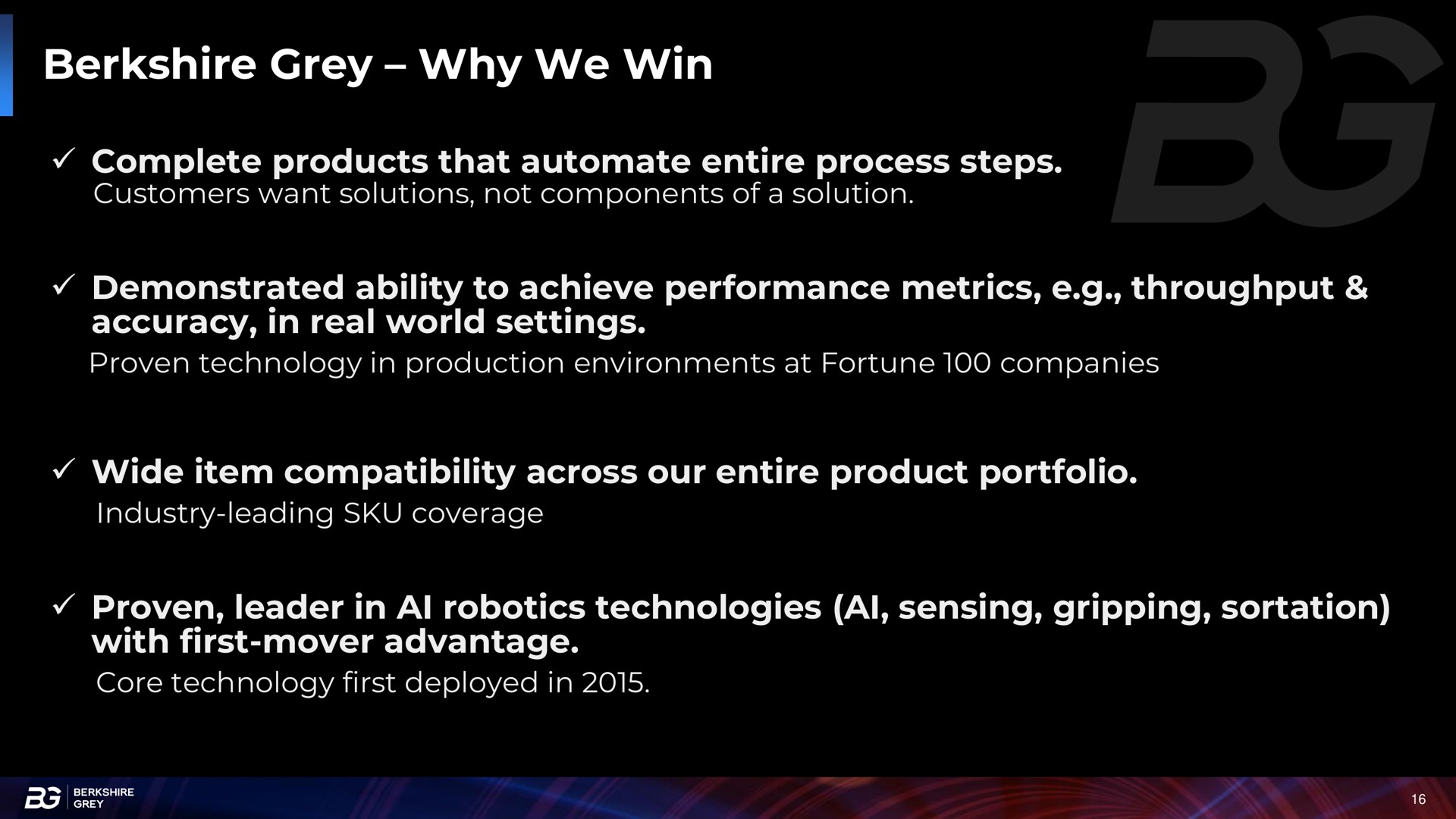 grey why we win complete products that entire process steps customers want solutions not components of a solution demonstrated ability to achieve performance metrics throughput accuracy in real world settings proven technology in production environments at fortune companies wide item compatibility across our entire product portfolio industry leading coverage proven leader in technologies sensing gripping sortation with first mover advantage core technology first deployed in | Berkshire Grey
