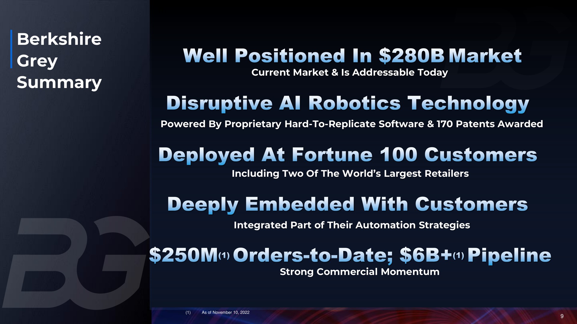 grey summary well positioned in market disruptive technology deployed at fortune customers deeply embedded with customers orders to date pipeline | Berkshire Grey