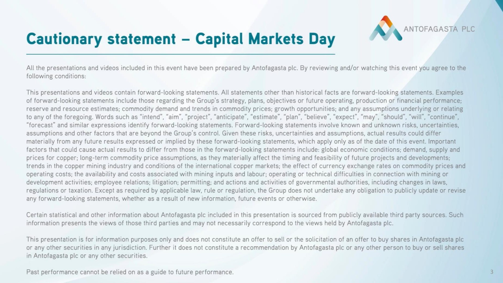 cautionary statement capital markets day | Antofagasta