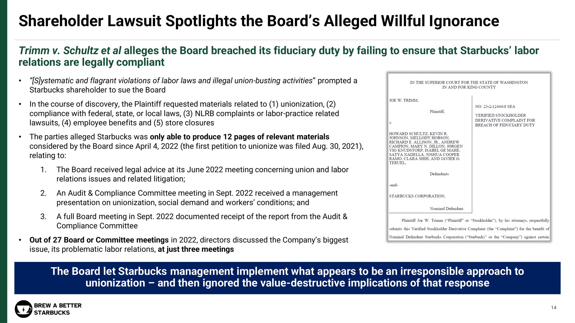 shareholder lawsuit spotlights the board alleged willful ignorance | Strategic Organizing Center