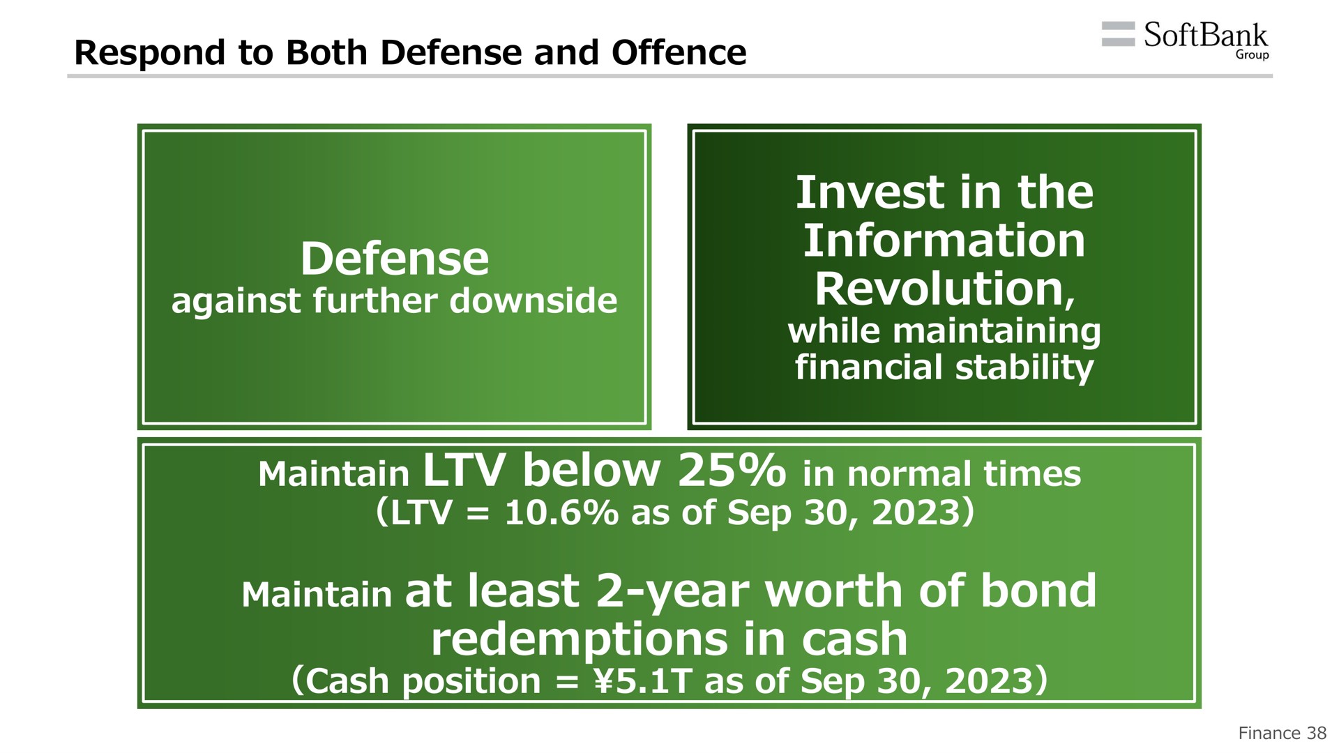 respond to both defense and defense against further downside invest in the information revolution while maintaining financial stability maintain below in normal times as of maintain at least year worth of bond redemptions in cash cash position as of | SoftBank