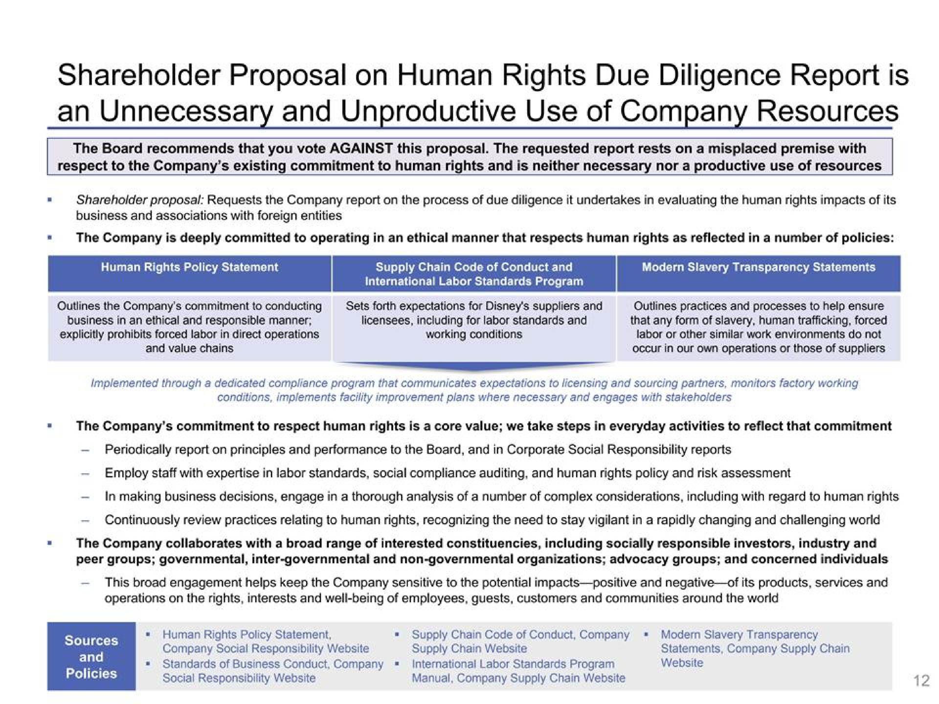 shareholder proposal on human rights due diligence report is an unnecessary and unproductive use of company resources | Disney
