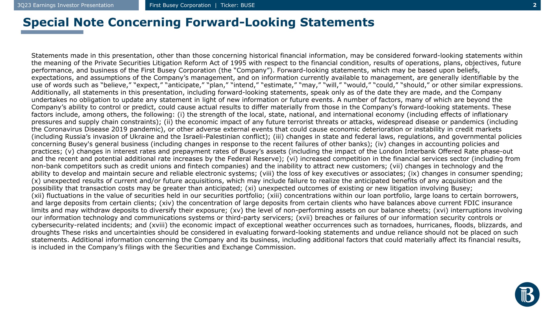 special note concerning forward looking statements | First Busey