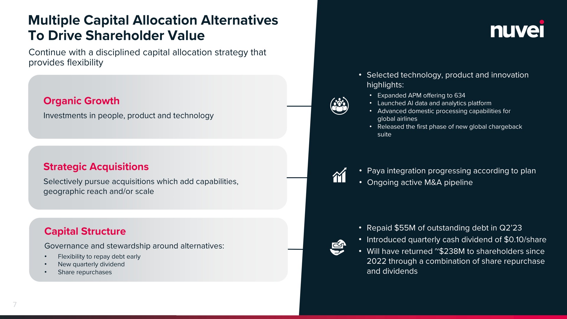 multiple capital allocation alternatives to drive shareholder value organic growth strategic acquisitions capital structure | Nuvei