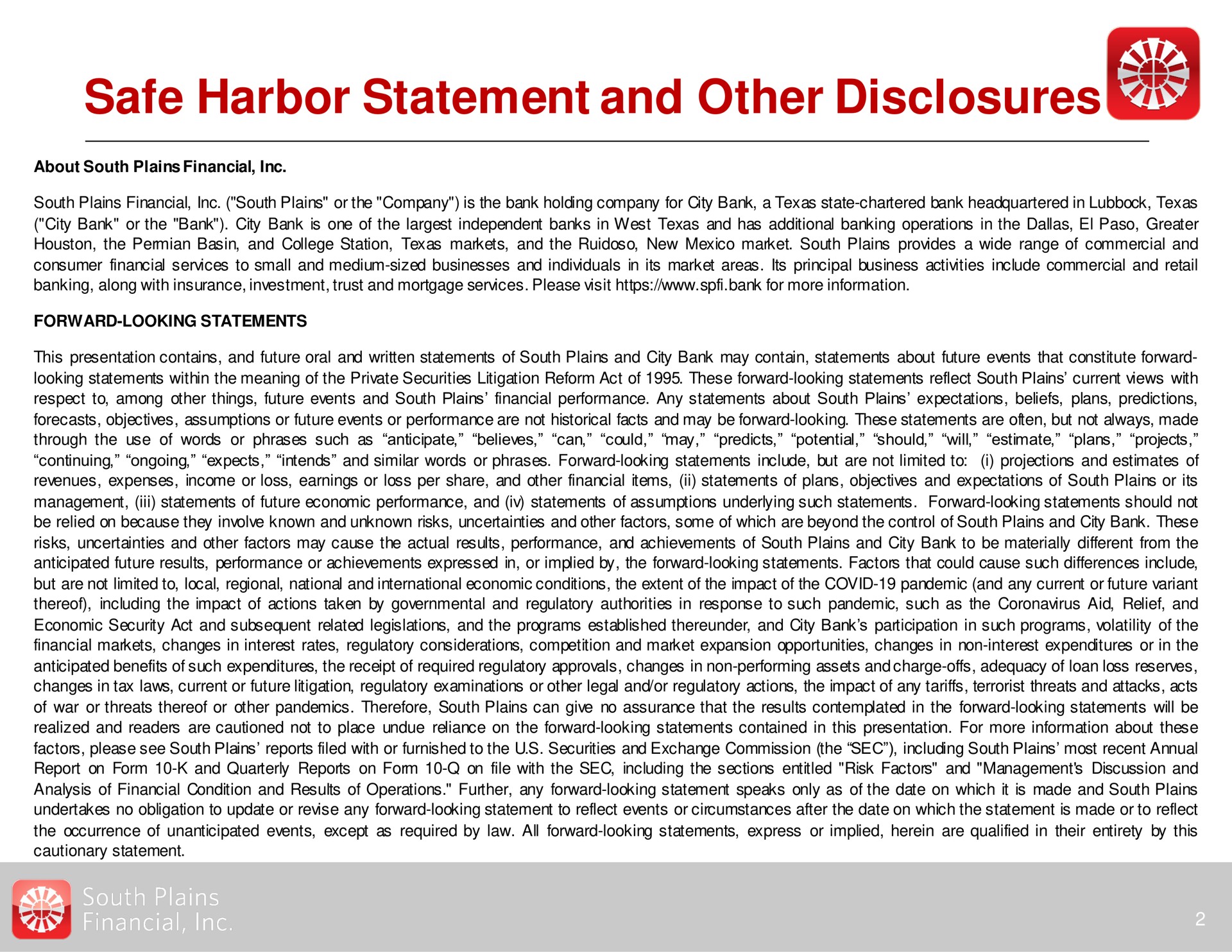 safe harbor statement and other disclosures | South Plains Financial