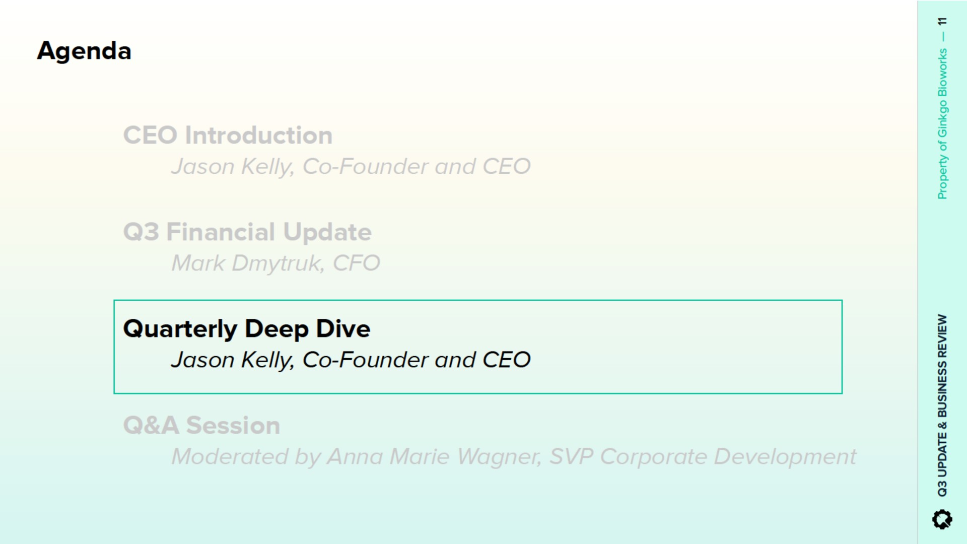 agenda quarterly deep dive kelly founder and | Ginkgo