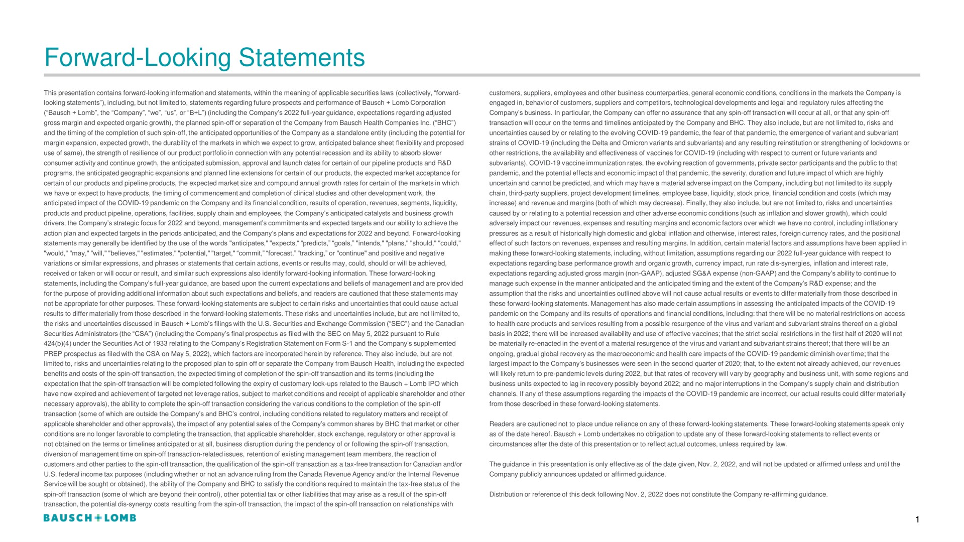 forward looking statements | Bausch+Lomb