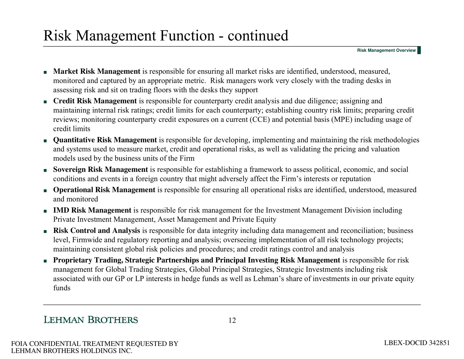 risk management function continued | Lehman Brothers