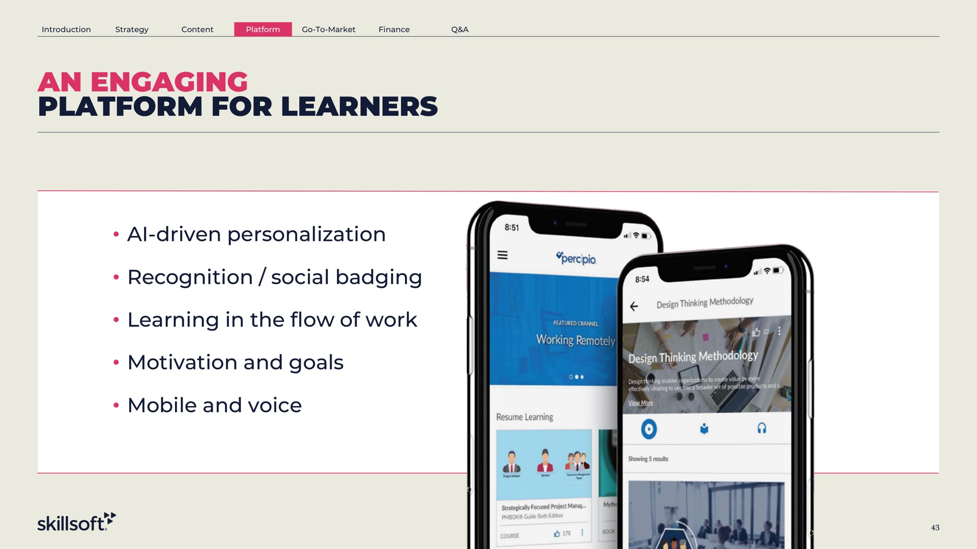 an engaging platform for learners driven personalization recognition social badging learning in the flow of work motivation and goals mobile and voice driven a dip | Skillsoft
