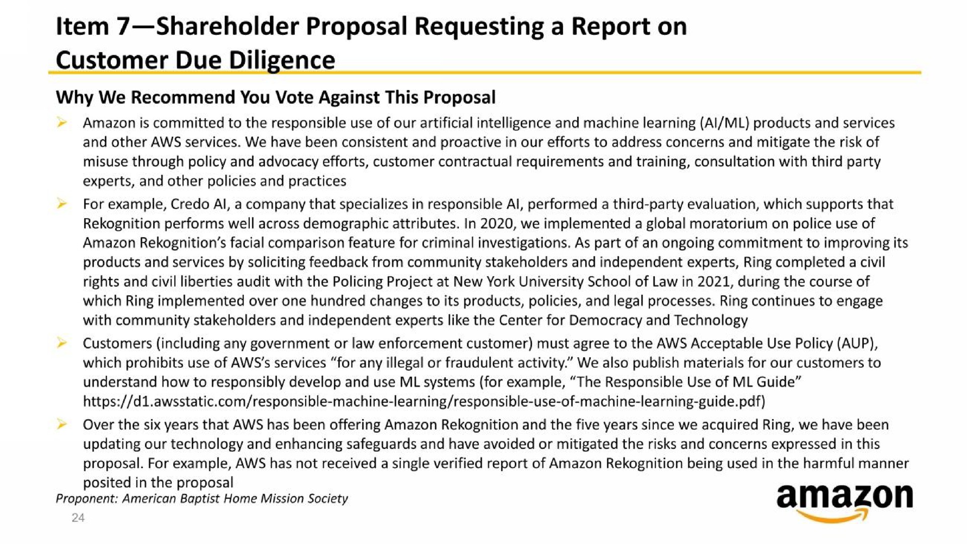 item shareholder proposal requesting a report on customer due diligence | Amazon