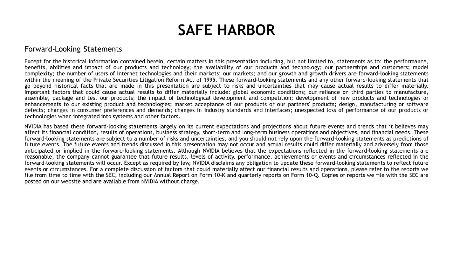 safe harbor forward looking statements | NVIDIA