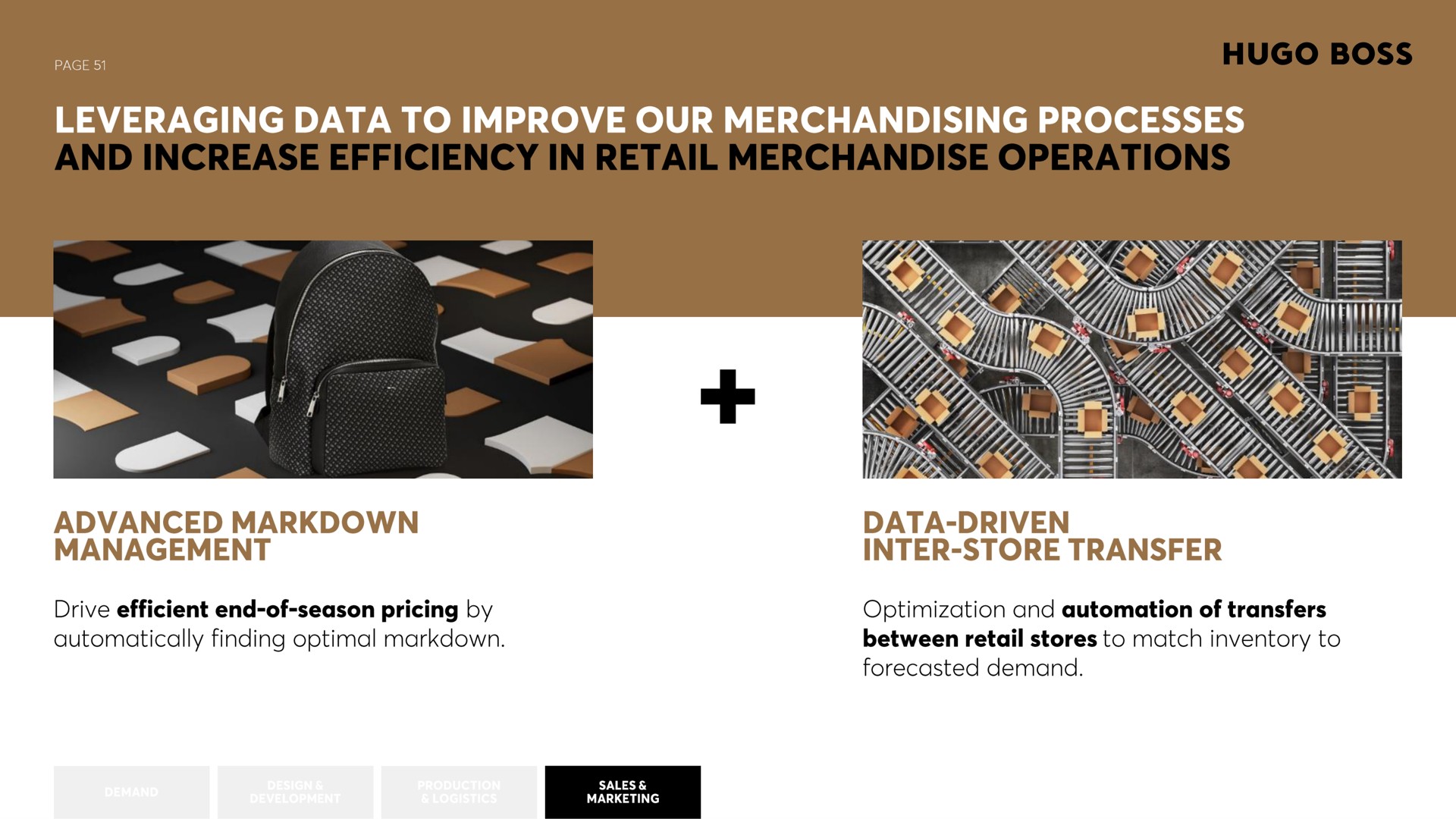 leveraging data to improve our merchandising processes advanced markdown management drive efficient end of season pricing by automatically finding optimal markdown forecasted demand optimization and of transfers between retail stores to match inventory to data driven inter store transfer | Hugo Boss