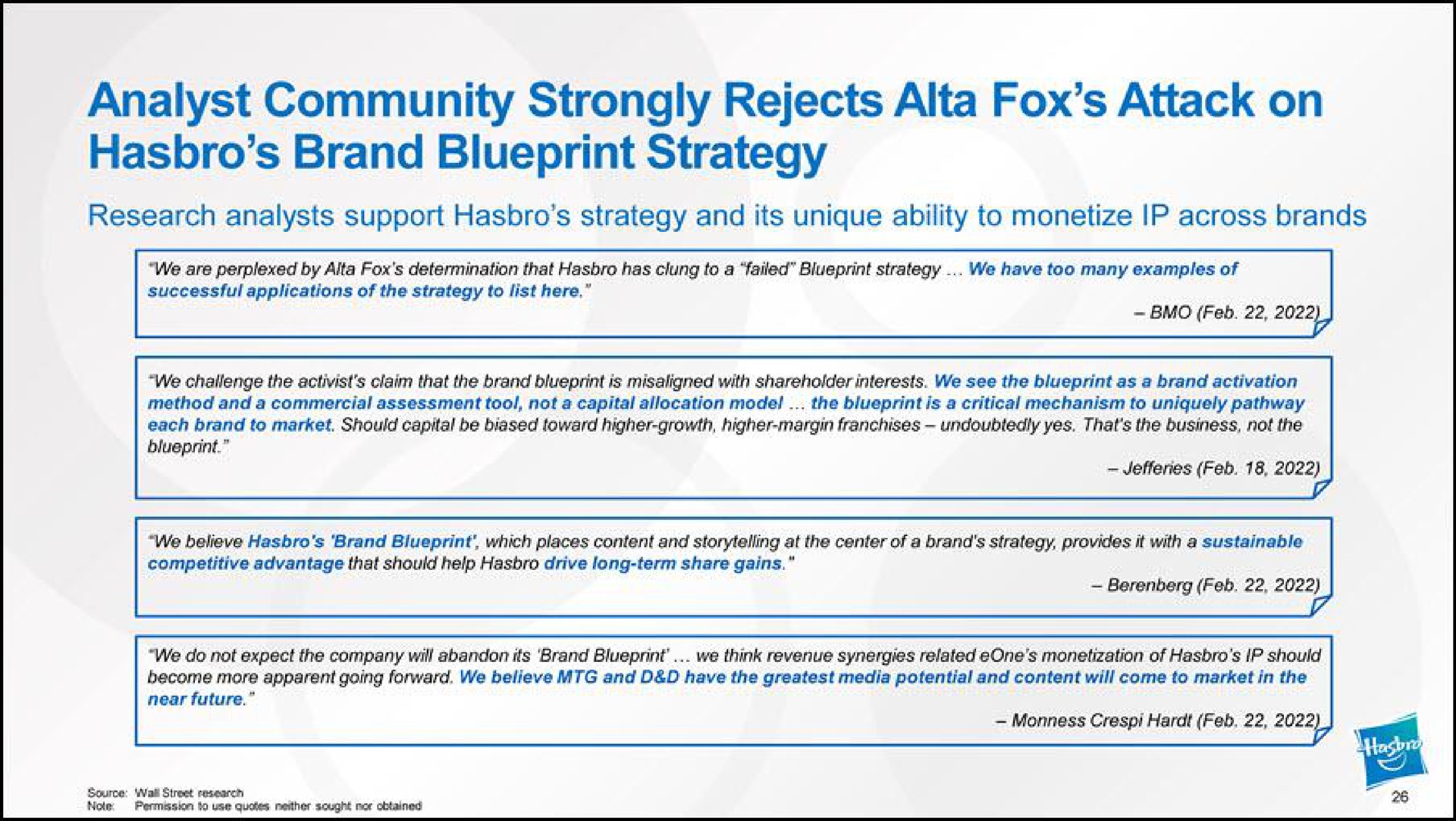 analyst community strongly rejects fox attack on brand blueprint strategy research analysts support strategy and its unique ability to monetize across brands blueprint | Hasbro