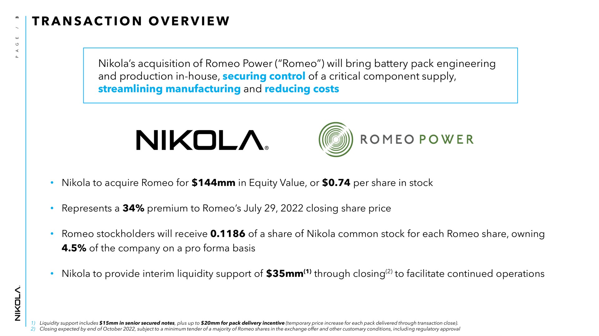 a a i i acquisition of power will bring battery pack engineering and production in house securing control of a critical component supply streamlining manufacturing and reducing costs to acquire for in equity value or per share in stock represents a premium to closing share price stockholders will receive of a share of common stock for each share owning of the company on a pro basis to provide interim liquidity support of through closing to facilitate continued operations transaction overview | Nikola