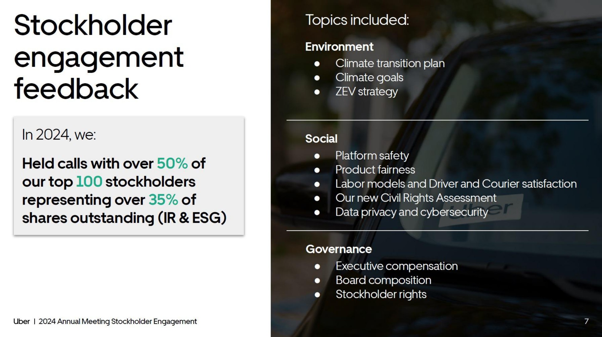 stockholder engagement feedback | Uber