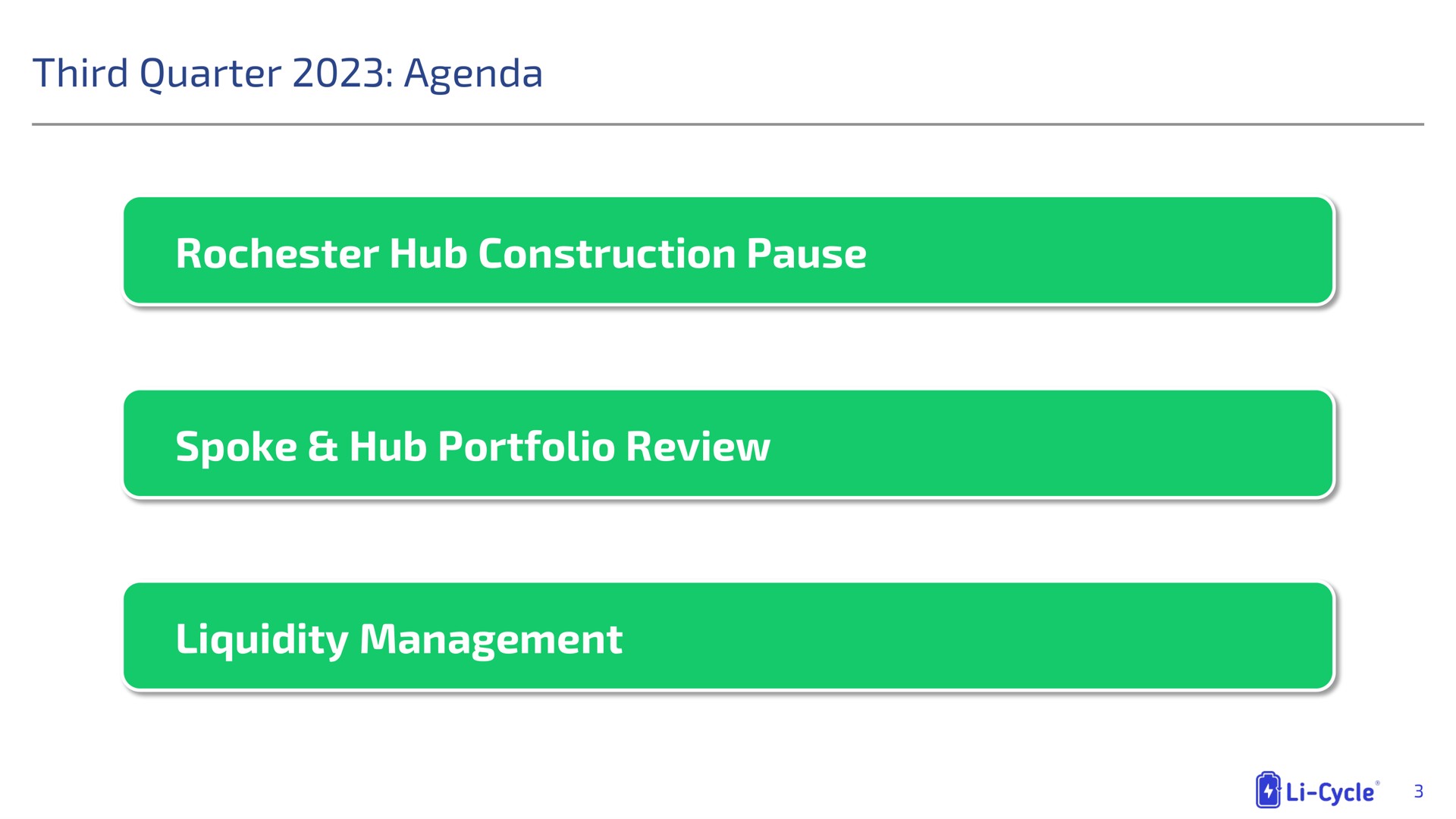 third quarter agenda hub construction pause spoke hub portfolio review liquidity management | Li-Cycle