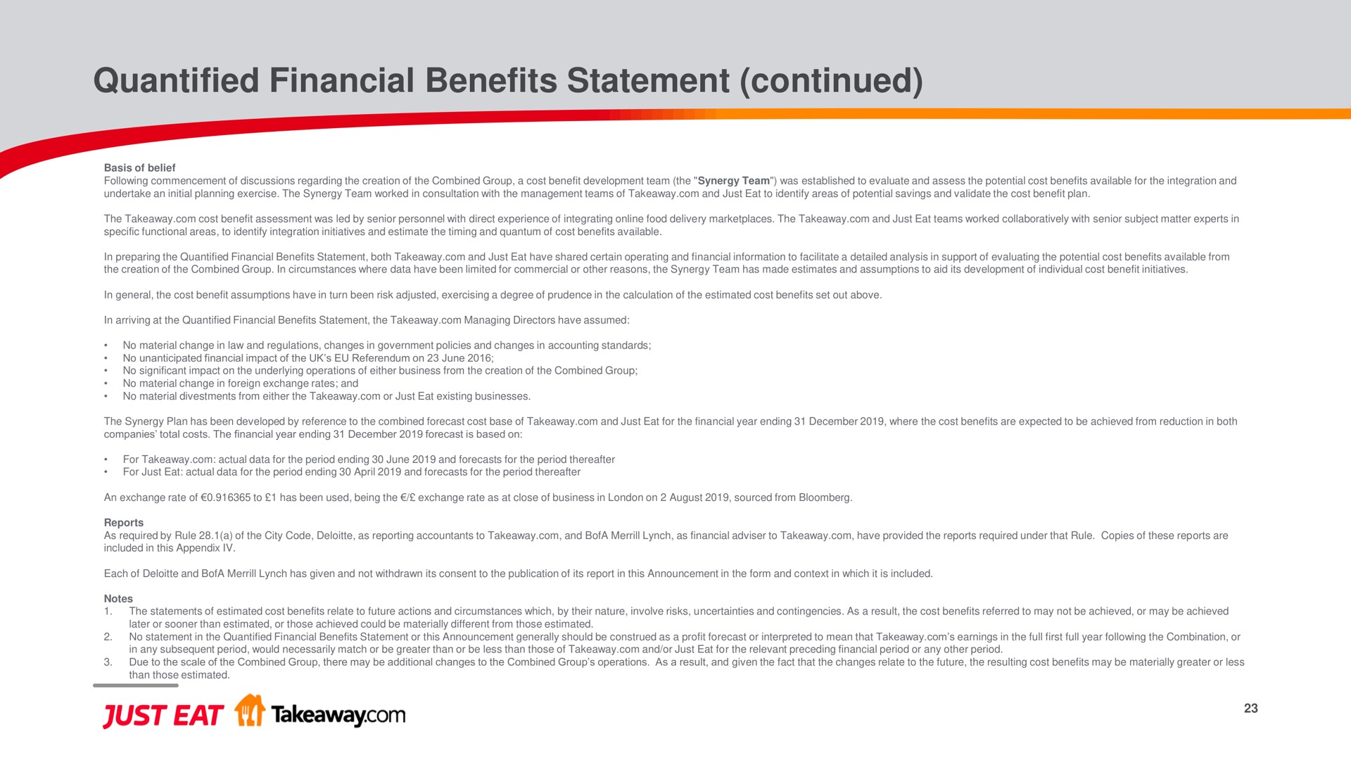 quantified financial benefits statement continued | Just Eat Takeaway.com
