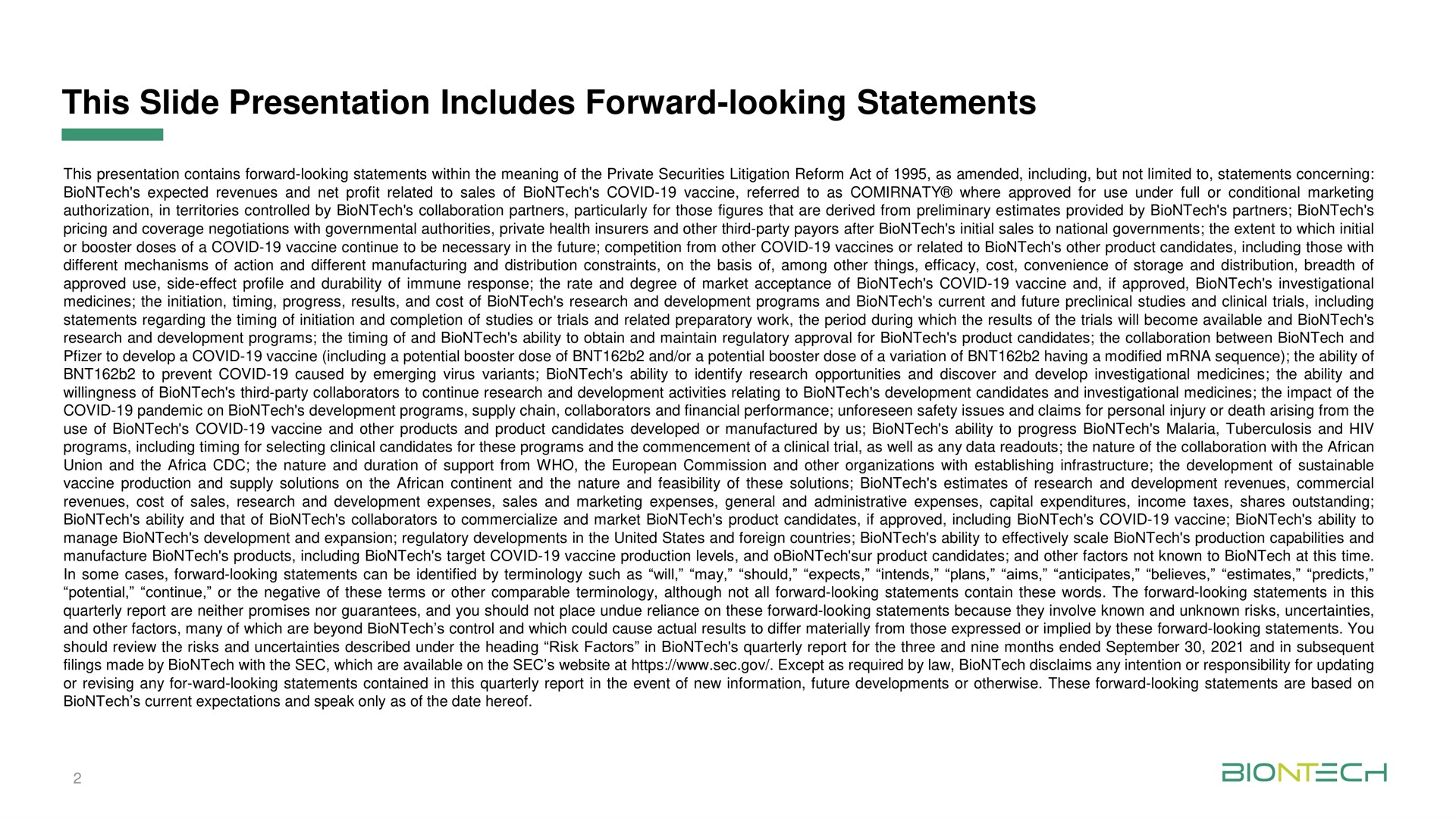 this slide presentation includes forward looking statements | BioNTech